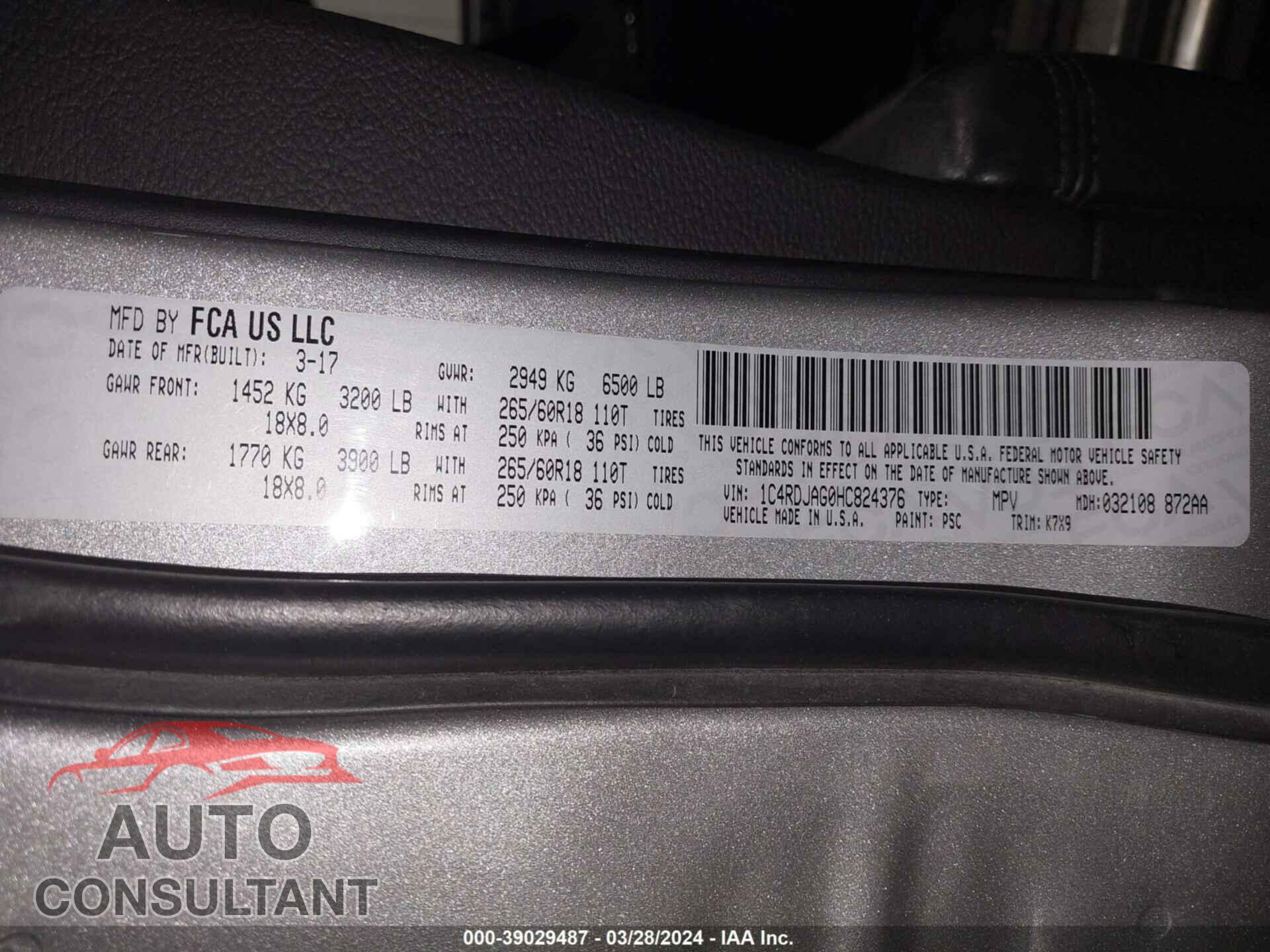 DODGE DURANGO 2017 - 1C4RDJAG0HC824376