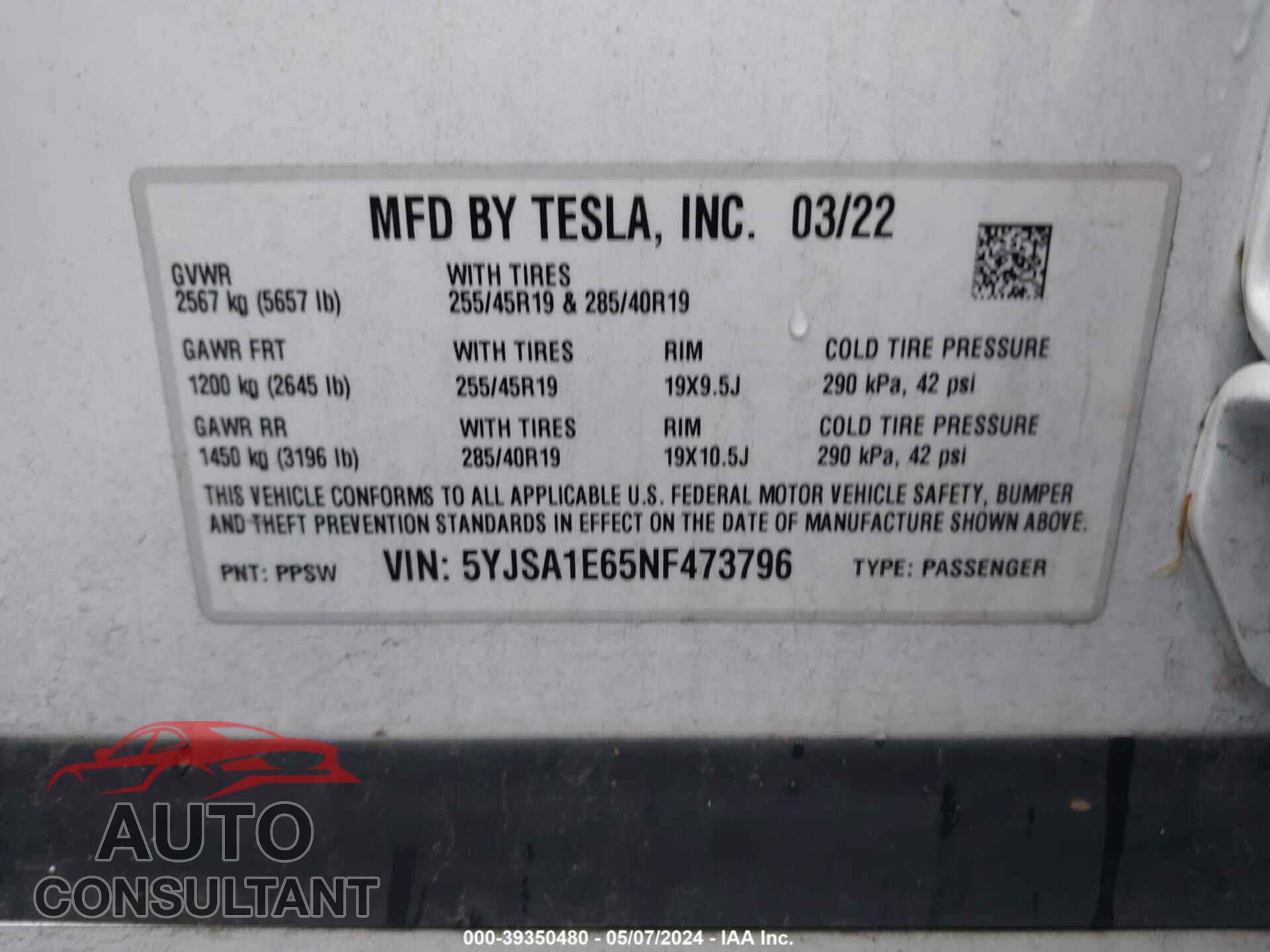 TESLA MODEL S 2022 - 5YJSA1E65NF473796