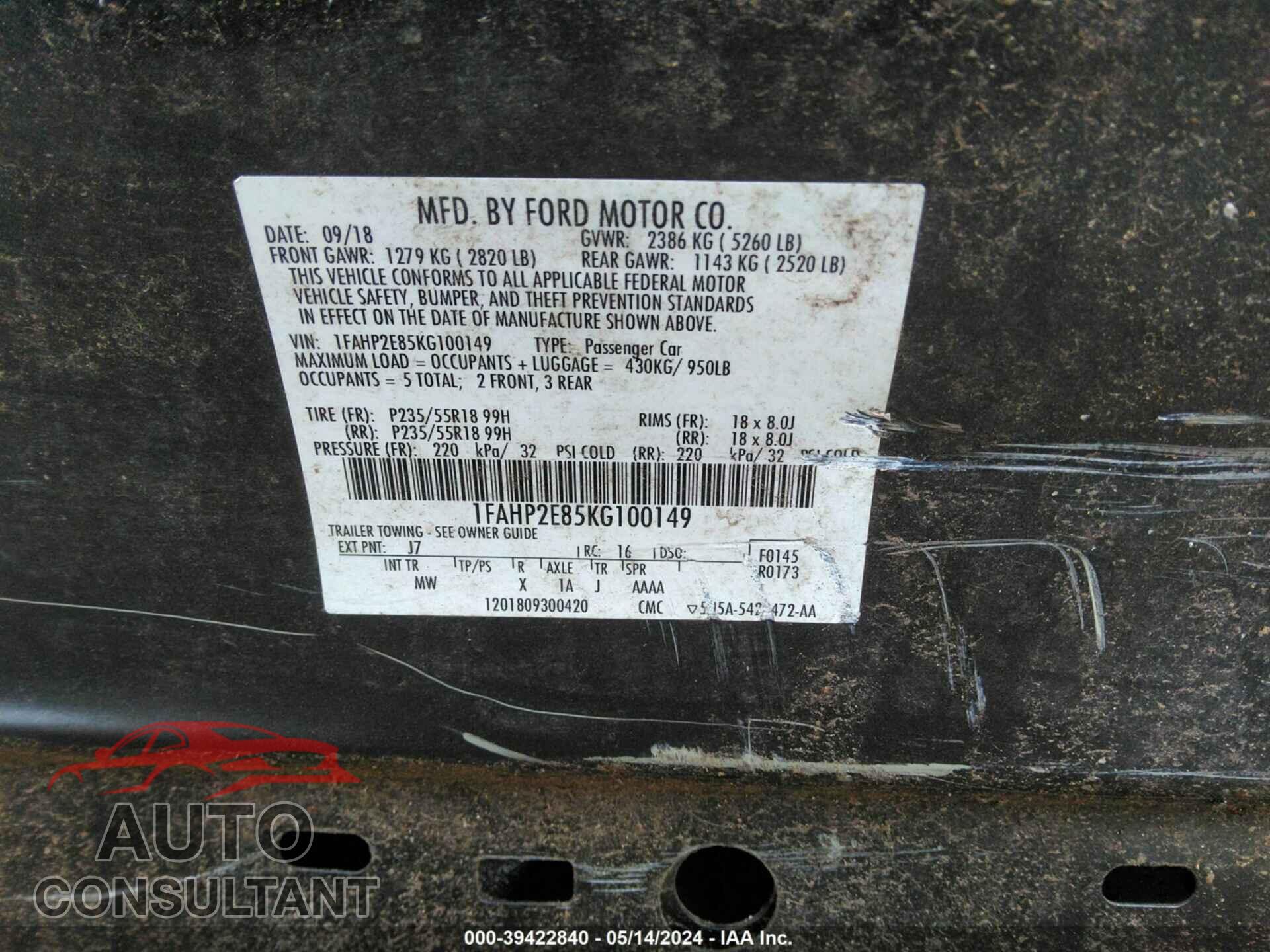 FORD TAURUS 2019 - 1FAHP2E85KG100149