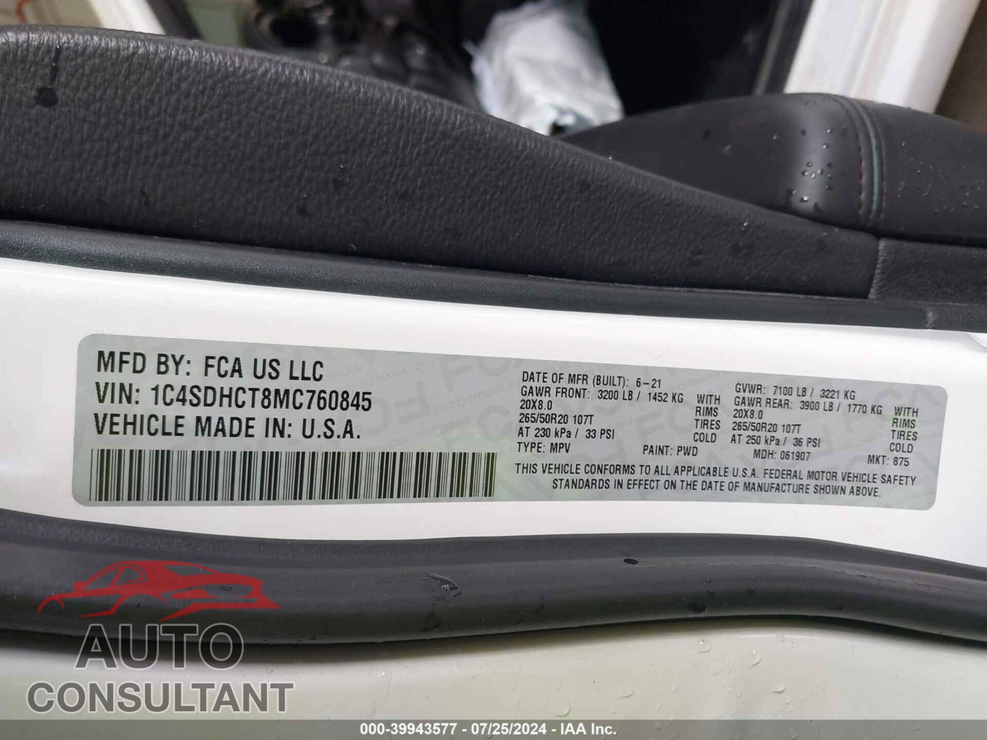 DODGE DURANGO 2021 - 1C4SDHCT8MC760845