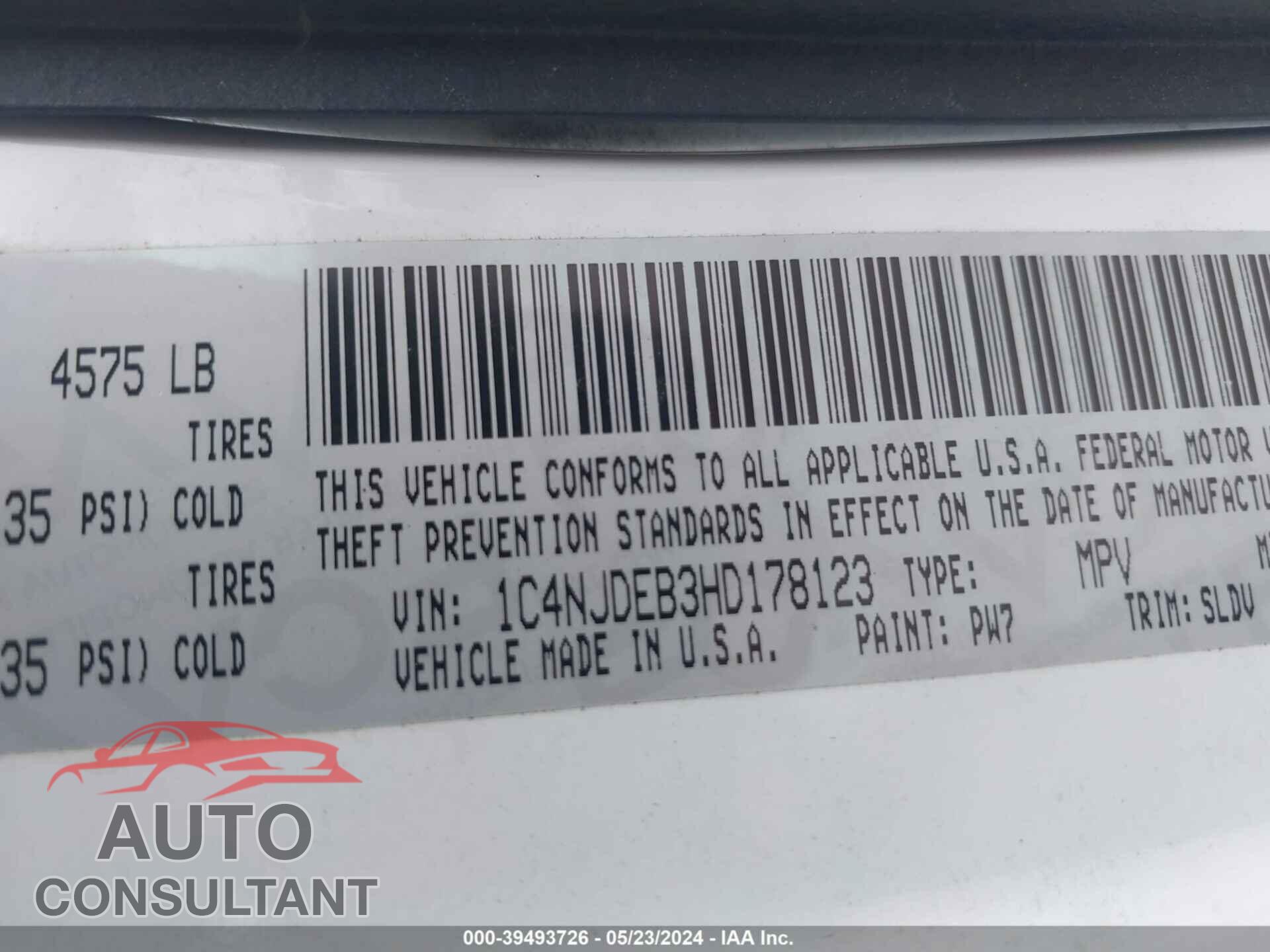 JEEP COMPASS 2017 - 1C4NJDEB3HD178123