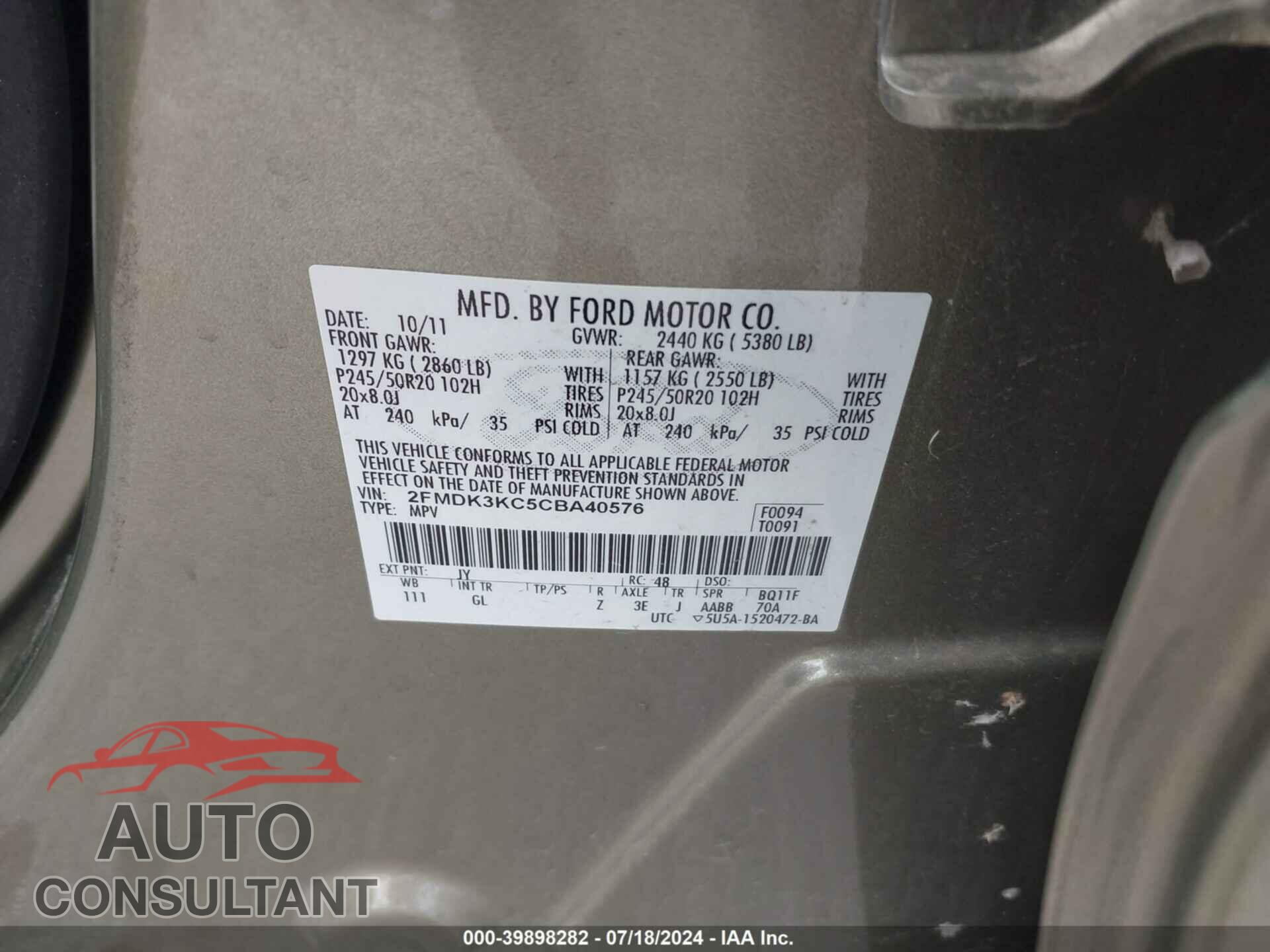 FORD EDGE 2012 - 2FMDK3KC5CBA40576