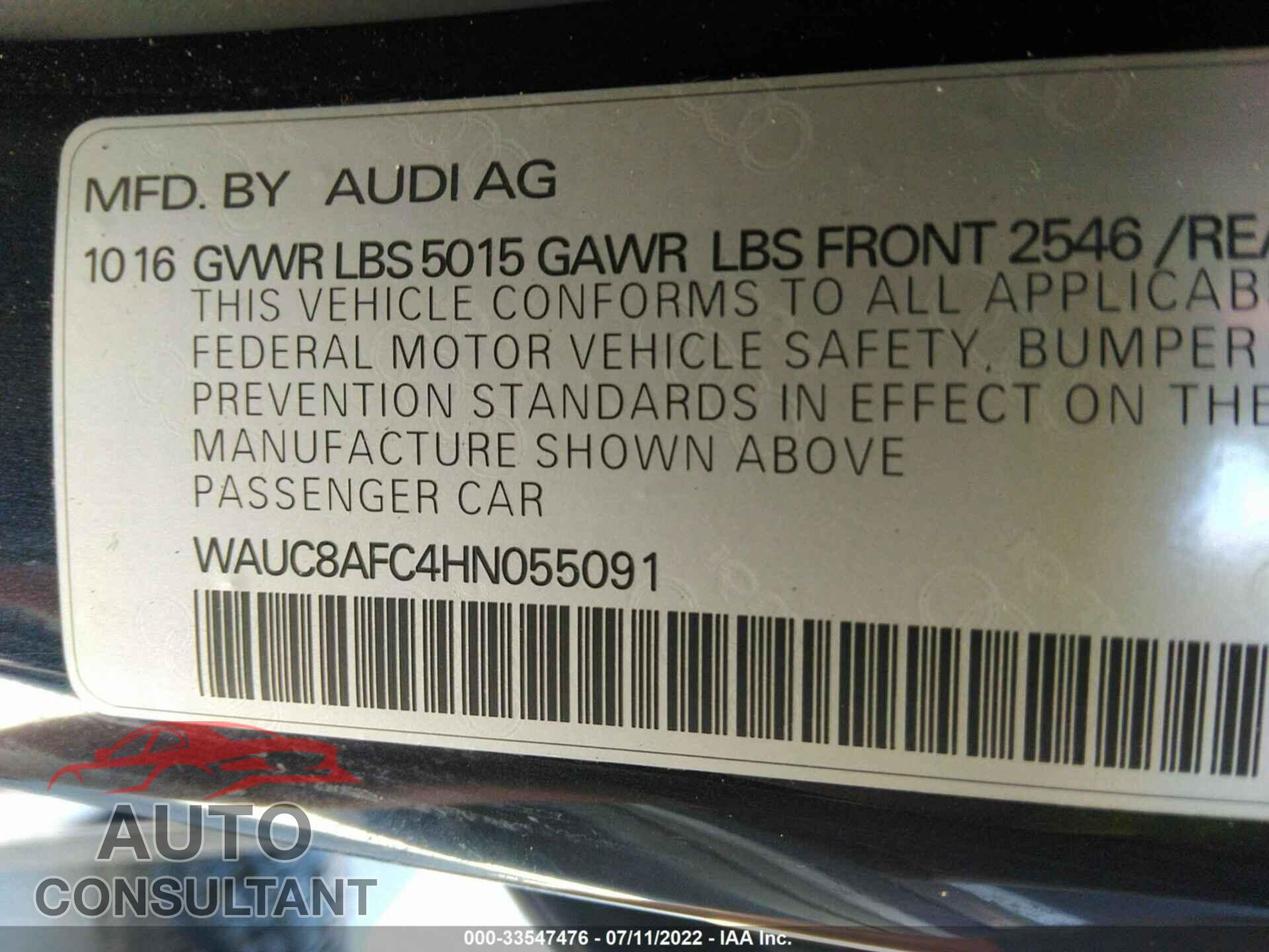 AUDI A6 2017 - WAUC8AFC4HN055091