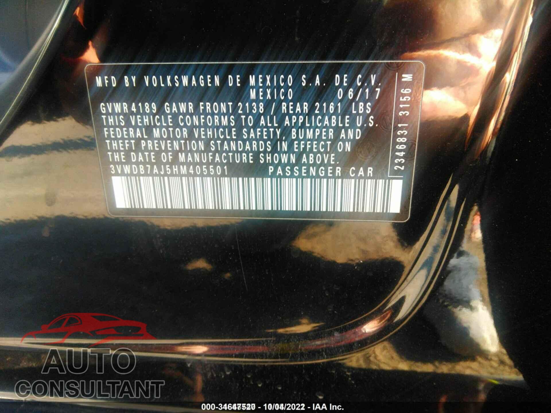 VOLKSWAGEN JETTA 2017 - 3VWDB7AJ5HM405501