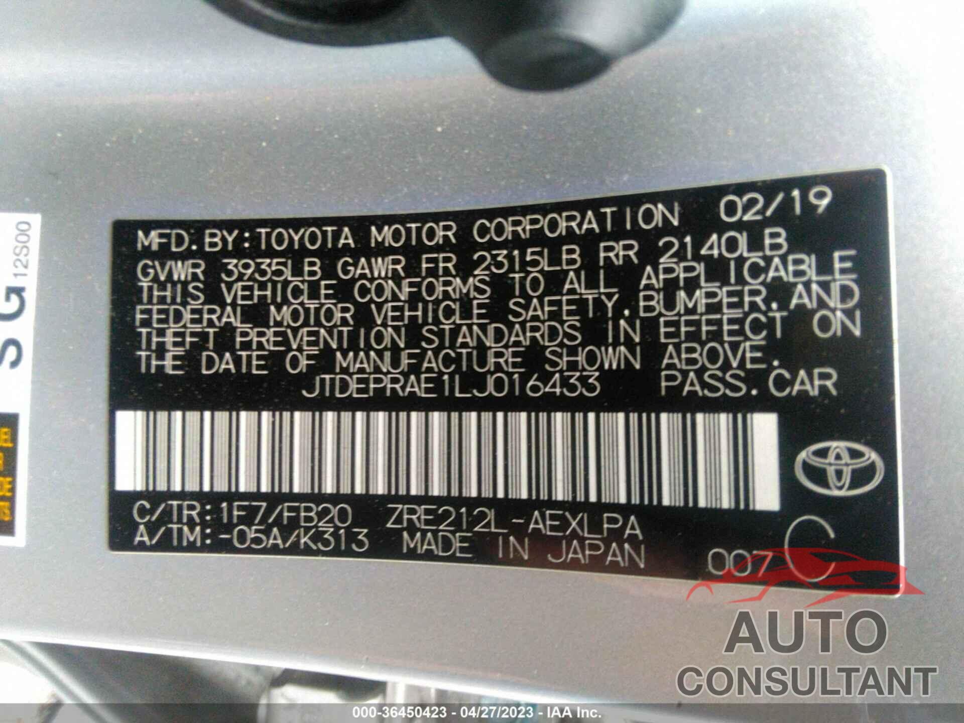 TOYOTA COROLLA 2020 - JTDEPRAE1LJ016433