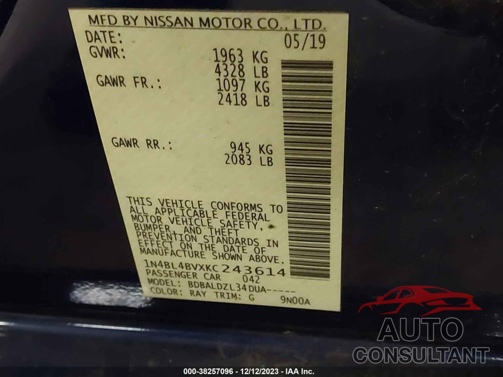 NISSAN ALTIMA 2019 - 1N4BL4BVXKC243614