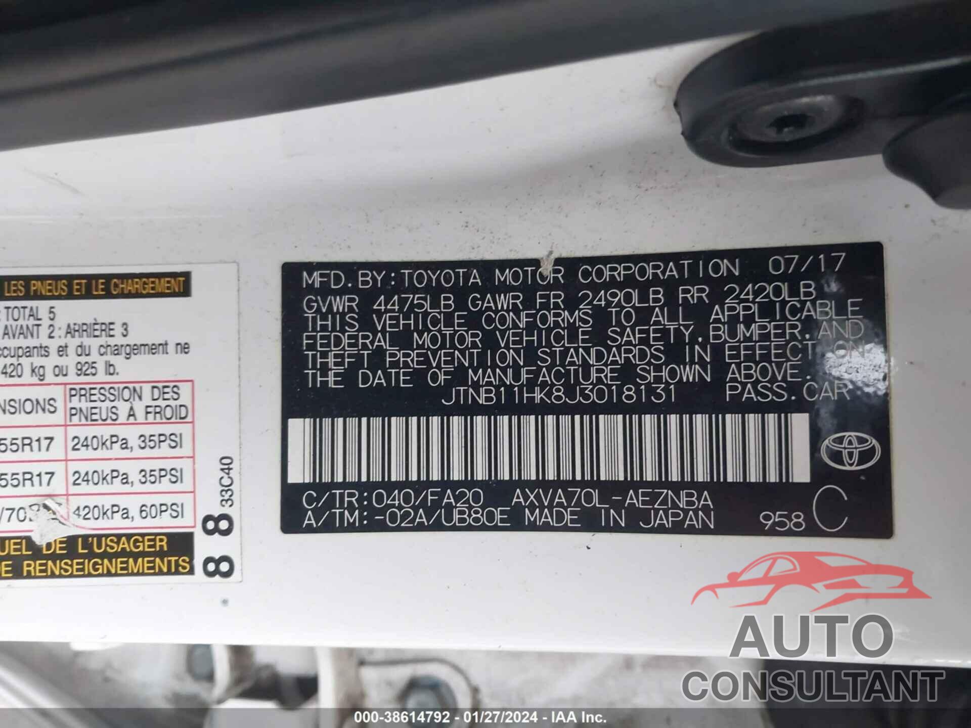 TOYOTA CAMRY 2018 - JTNB11HK8J3018131