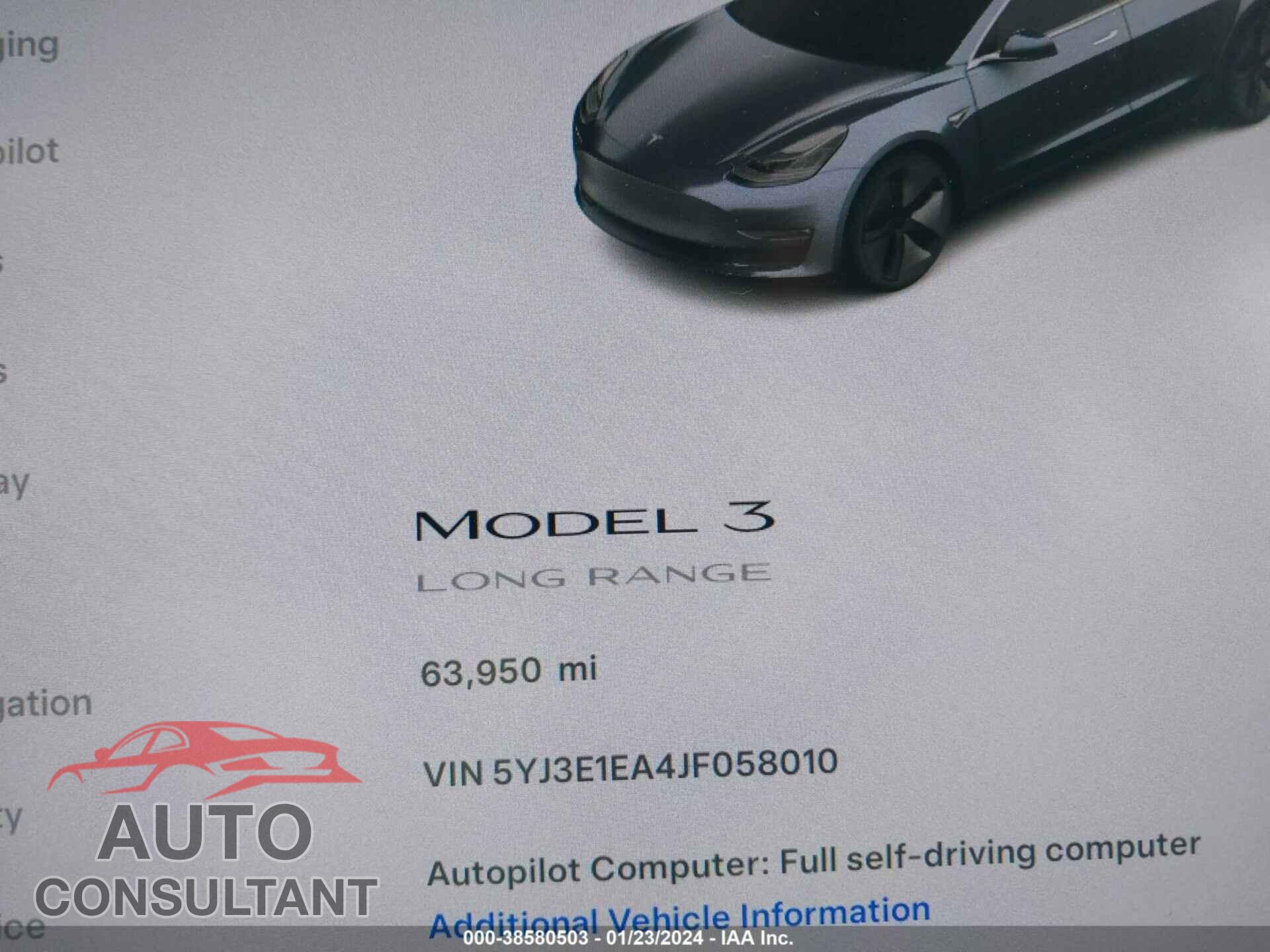 TESLA MODEL 3 2018 - 5YJ3E1EA4JF058010
