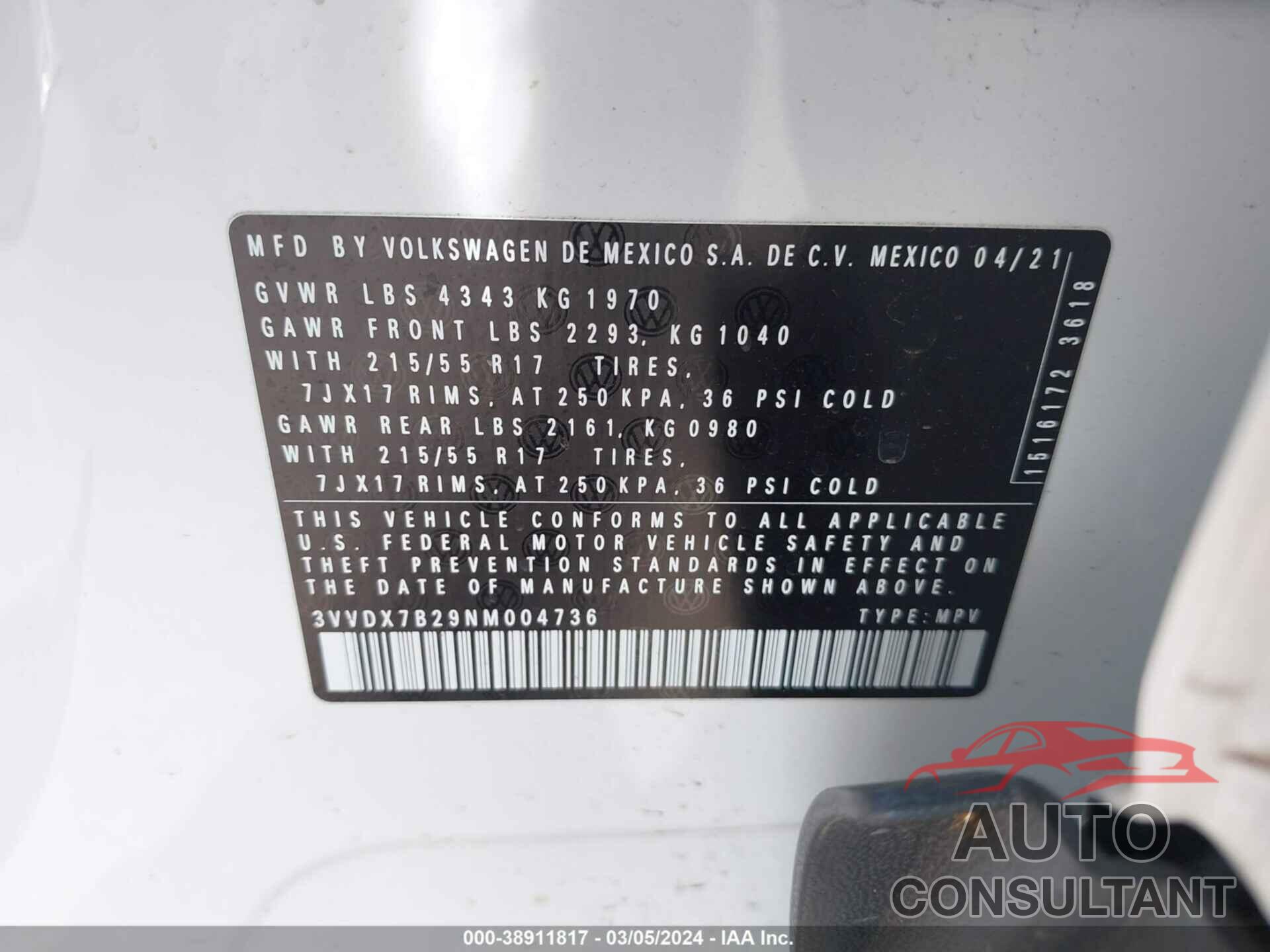 VOLKSWAGEN TAOS 2022 - 3VVDX7B29NM004736