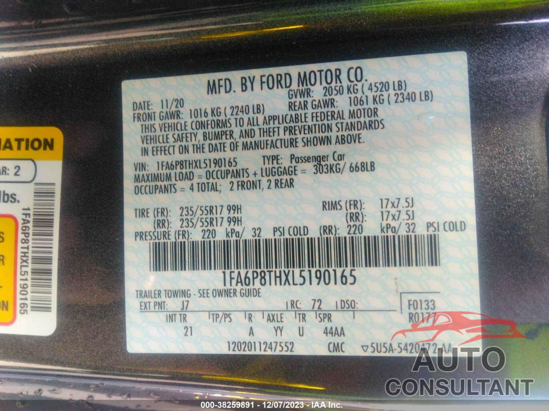 FORD MUSTANG 2020 - 1FA6P8THXL5190165