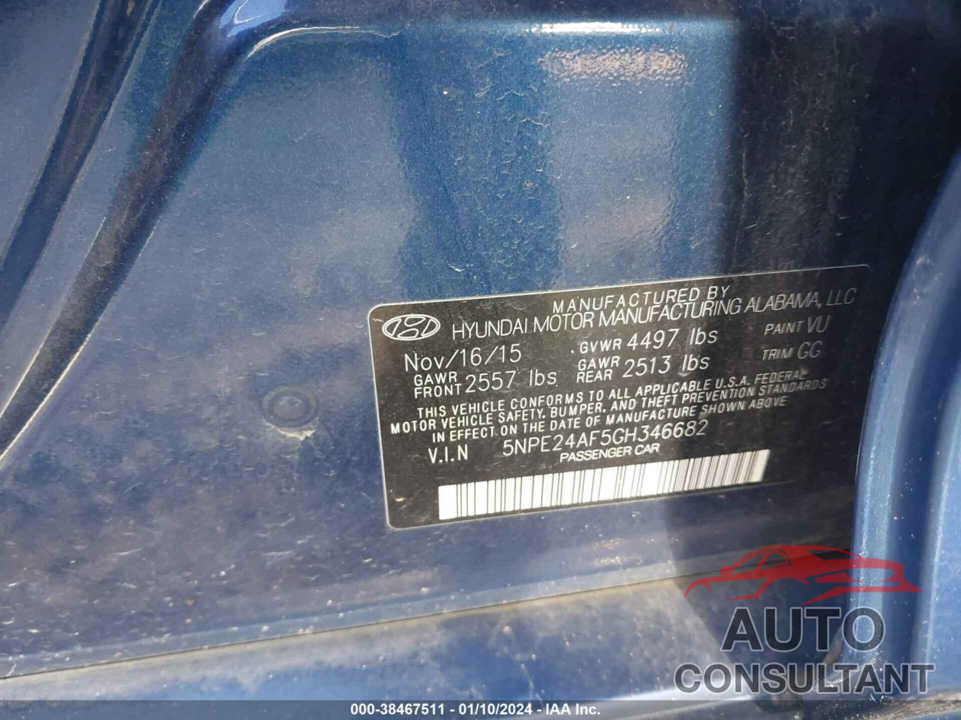 HYUNDAI SONATA 2016 - 5NPE24AF5GH346682