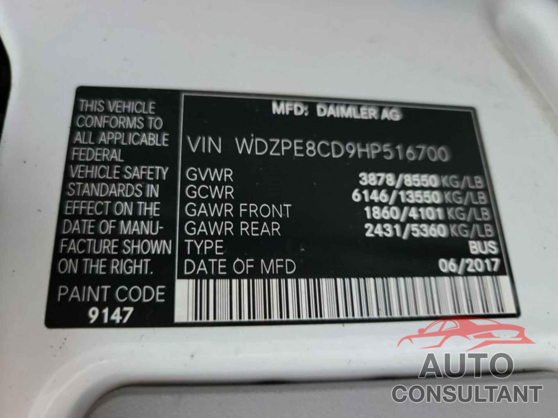 MERCEDES-BENZ SPRINTER 2500 2017 - WDZPE8CD9HP516700