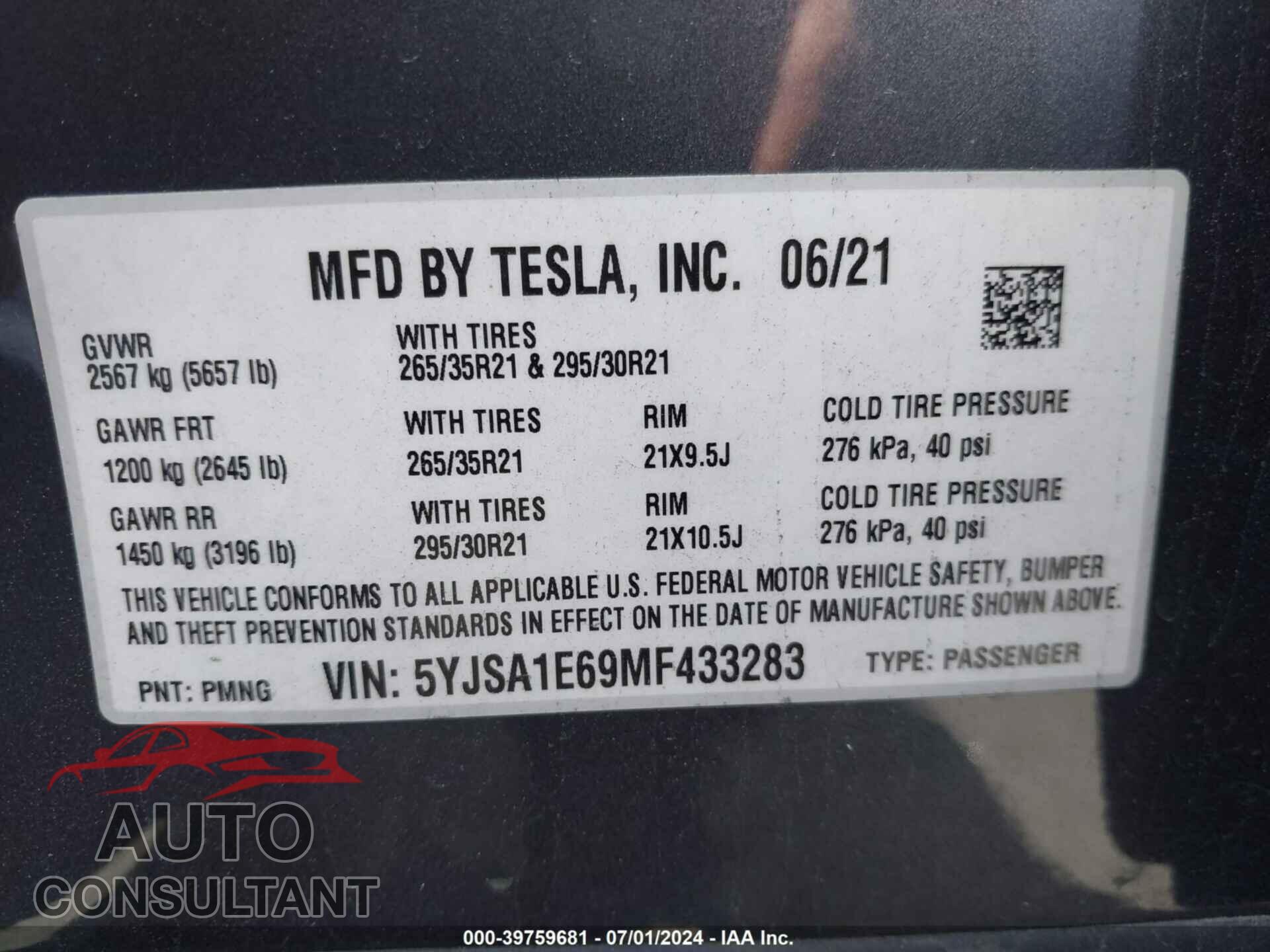 TESLA MODEL S 2021 - 5YJSA1E69MF433283