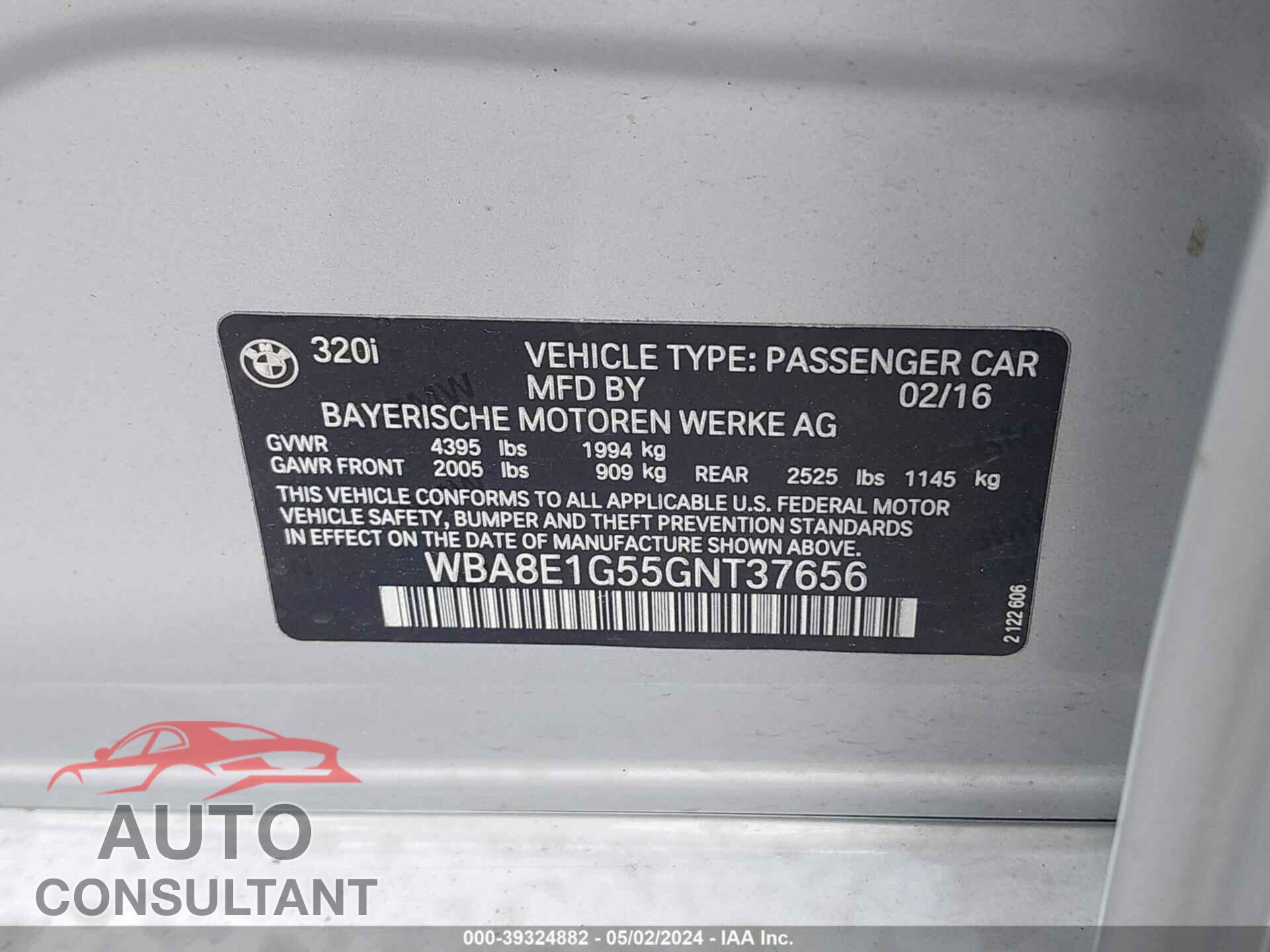 BMW 320 2016 - WBA8E1G55GNT37656