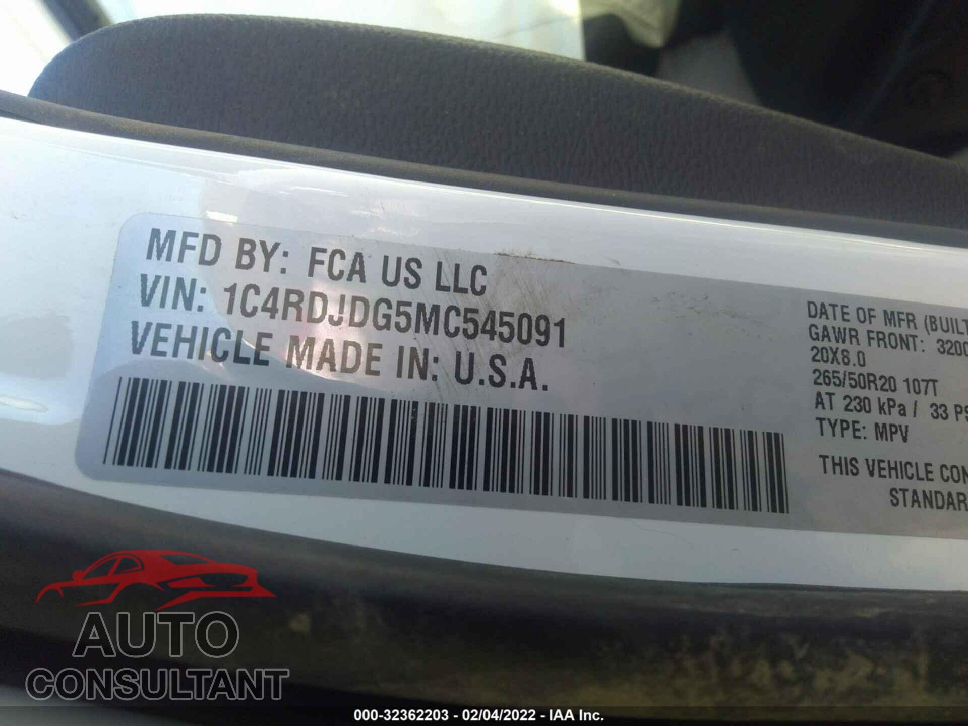 DODGE DURANGO 2021 - 1C4RDJDG5MC545091