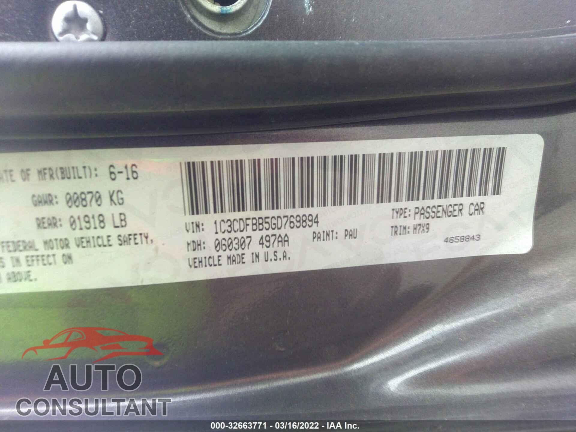 DODGE DART 2016 - 1C3CDFBB5GD769894