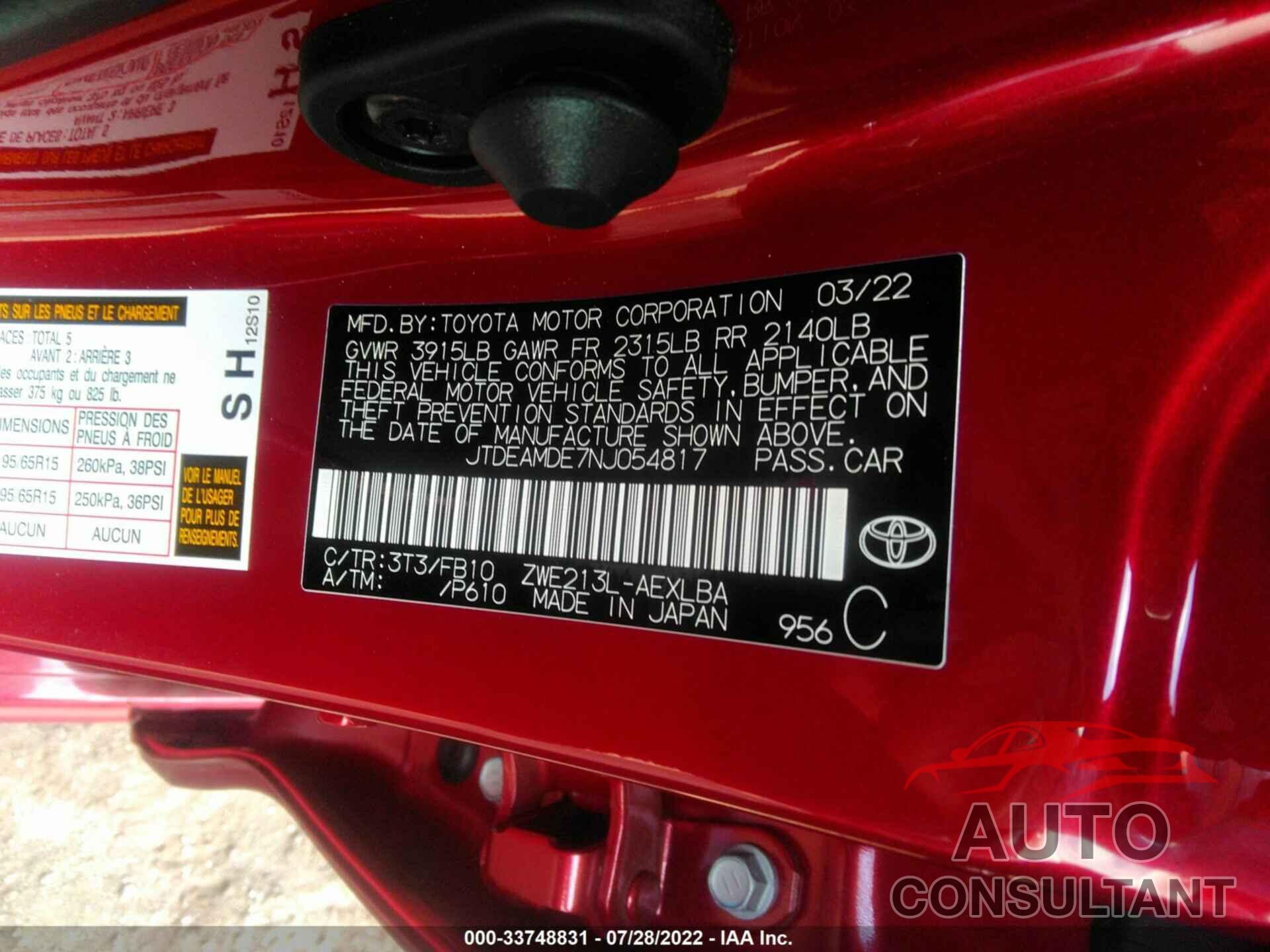 TOYOTA COROLLA 2022 - JTDEAMDE7NJ054817
