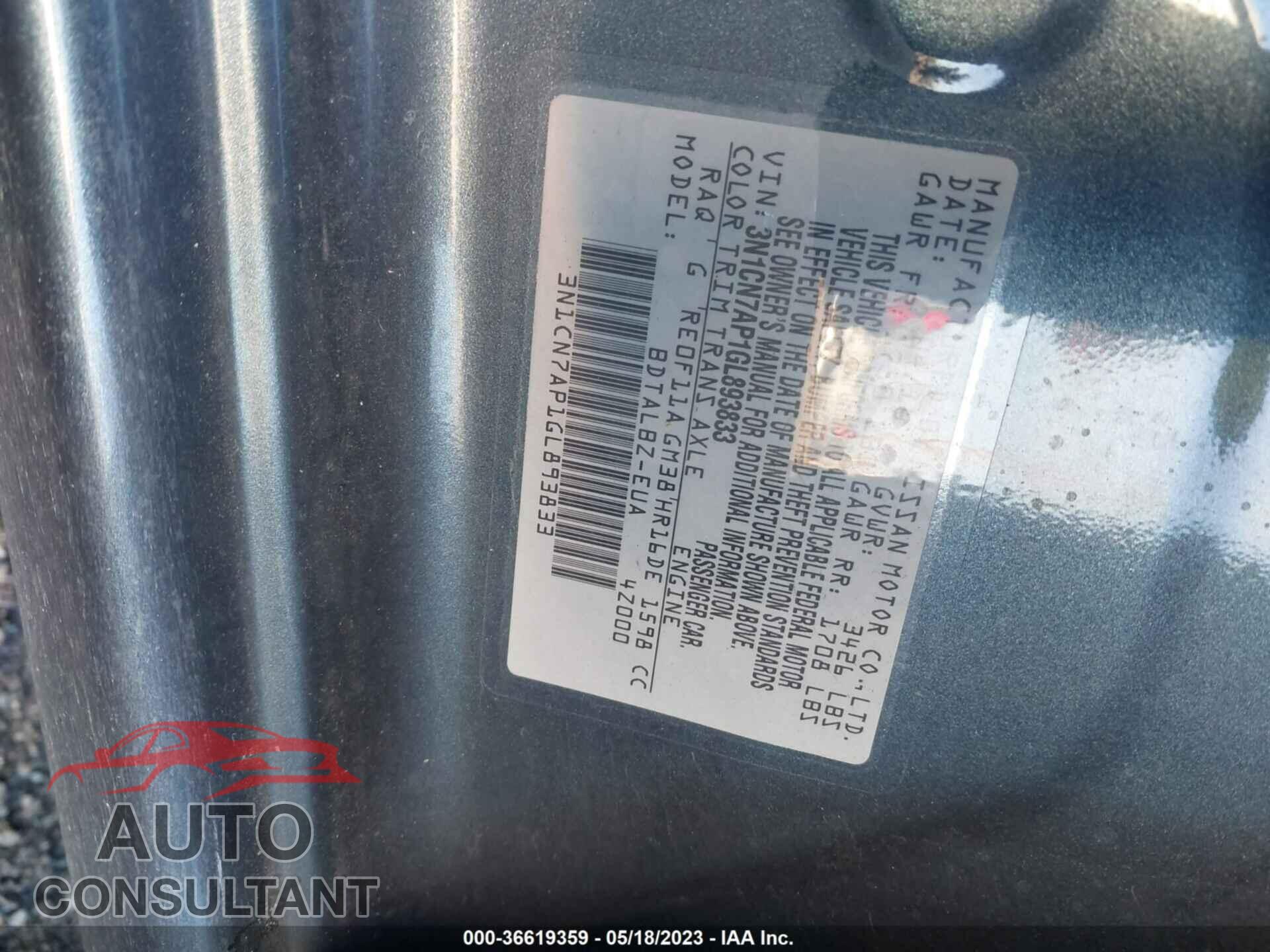 NISSAN VERSA 2016 - 3N1CN7AP1GL893833