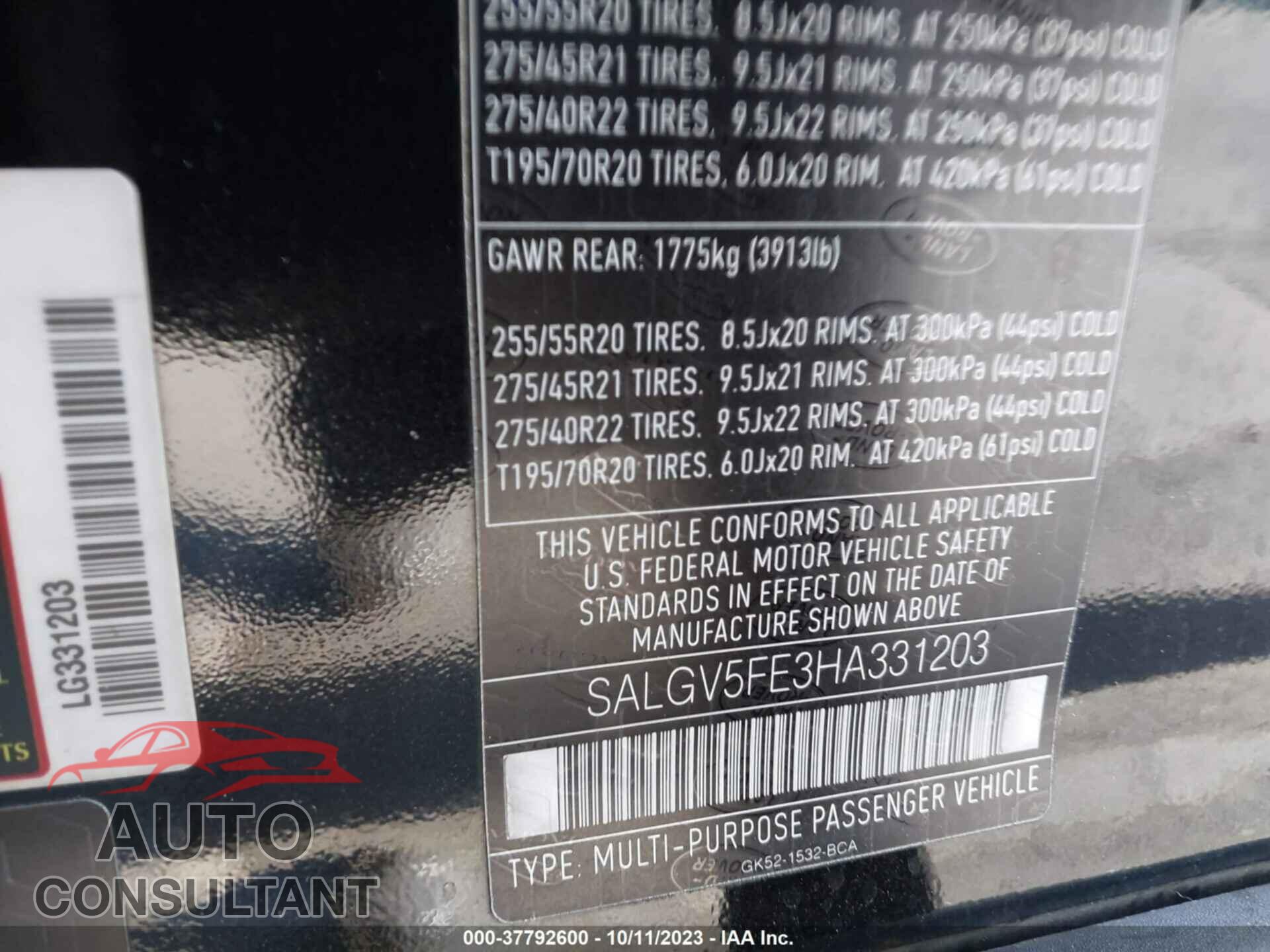 LAND ROVER RANGE ROVER 2017 - SALGV5FE3HA331203