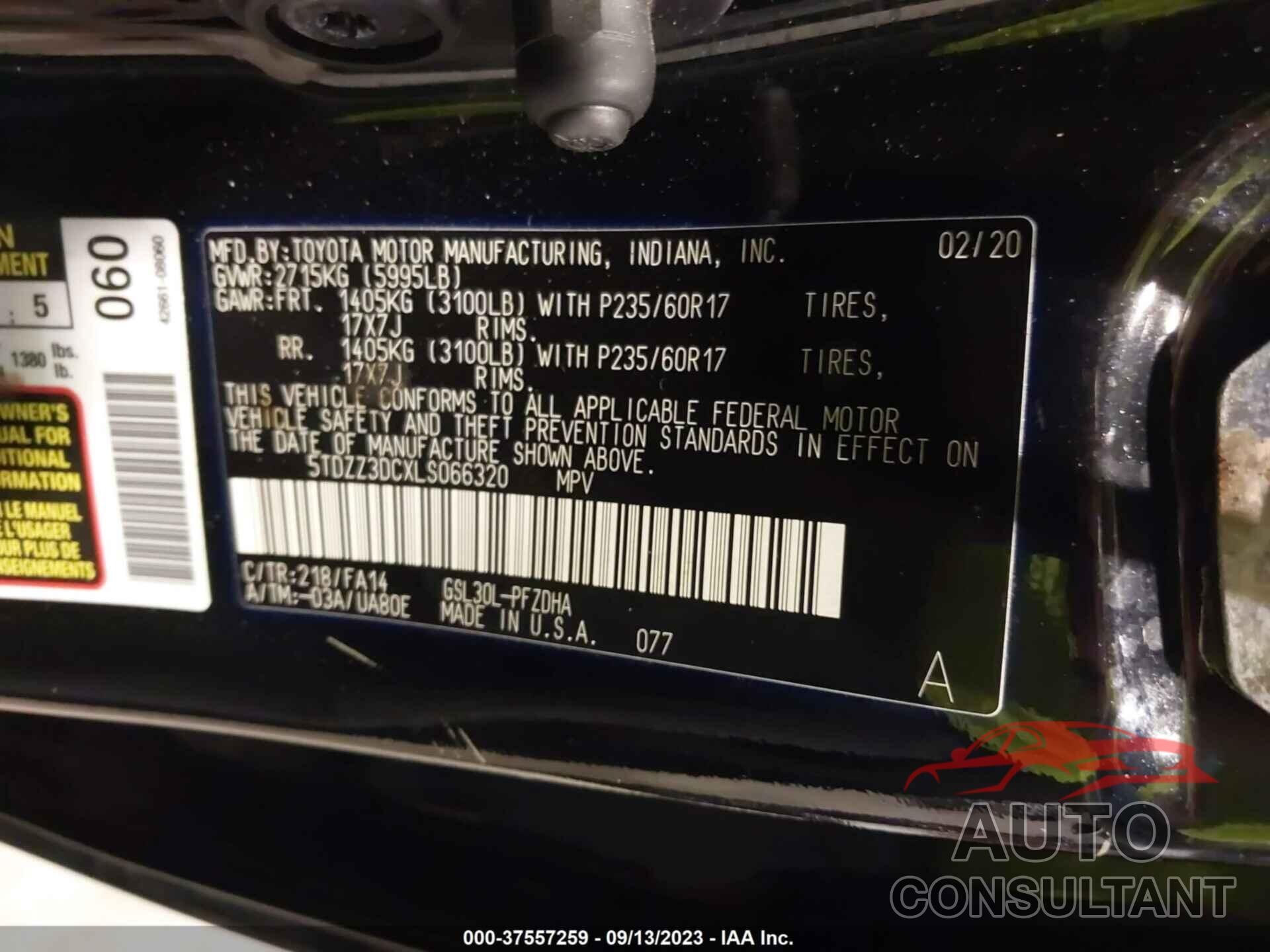 TOYOTA SIENNA 2020 - 5TDZZ3DCXLS066320