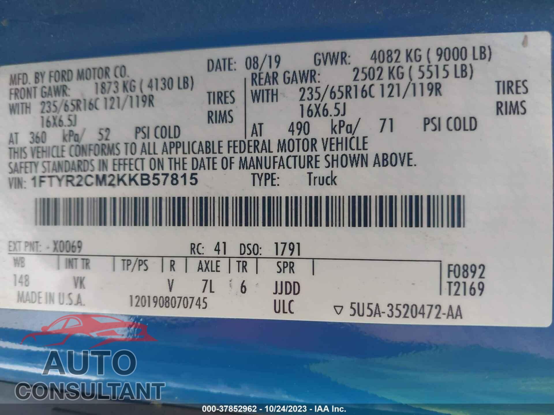 FORD TRANSIT-250 2019 - 1FTYR2CM2KKB57815