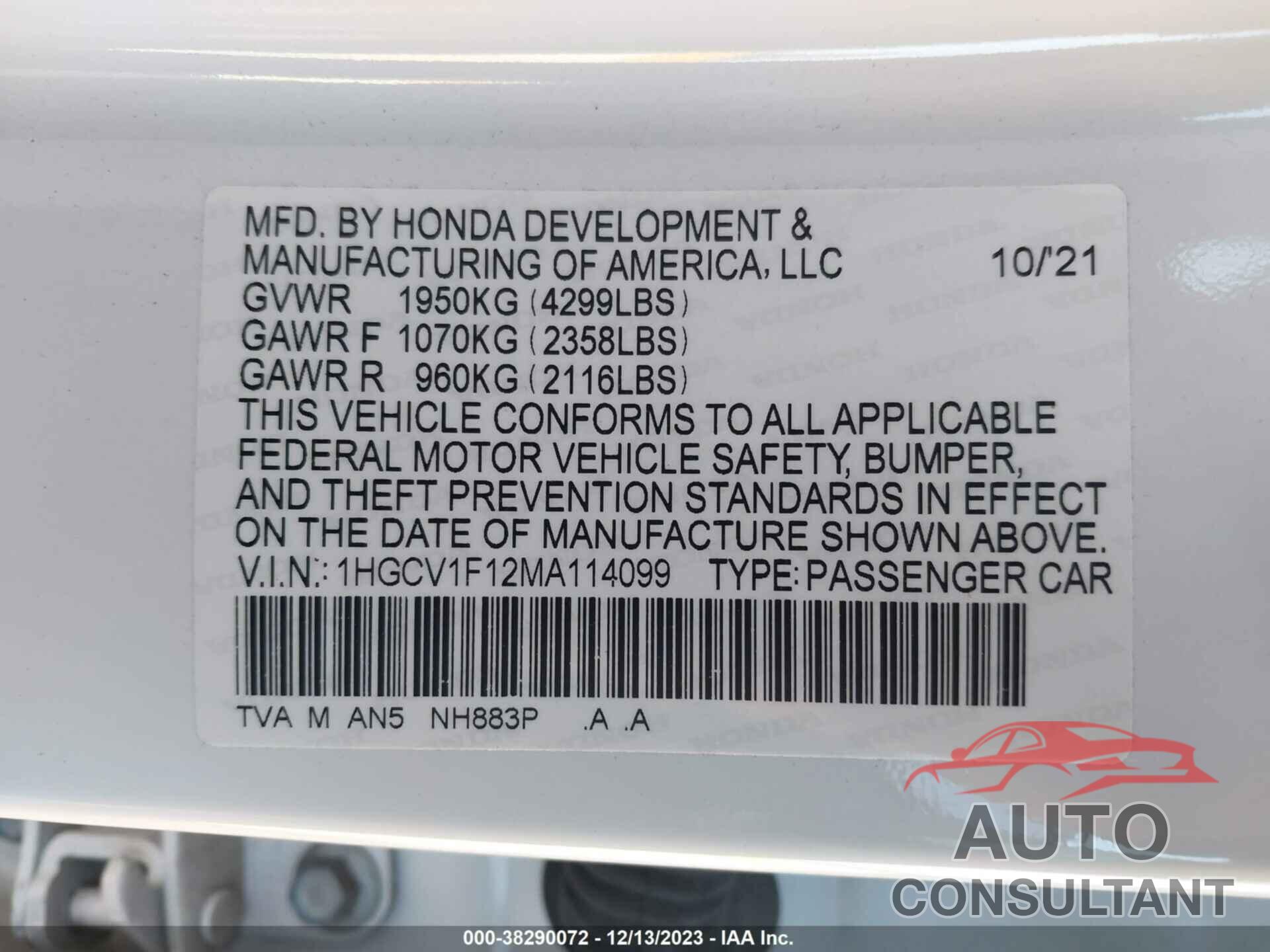 HONDA ACCORD 2021 - 1HGCV1F12MA114099