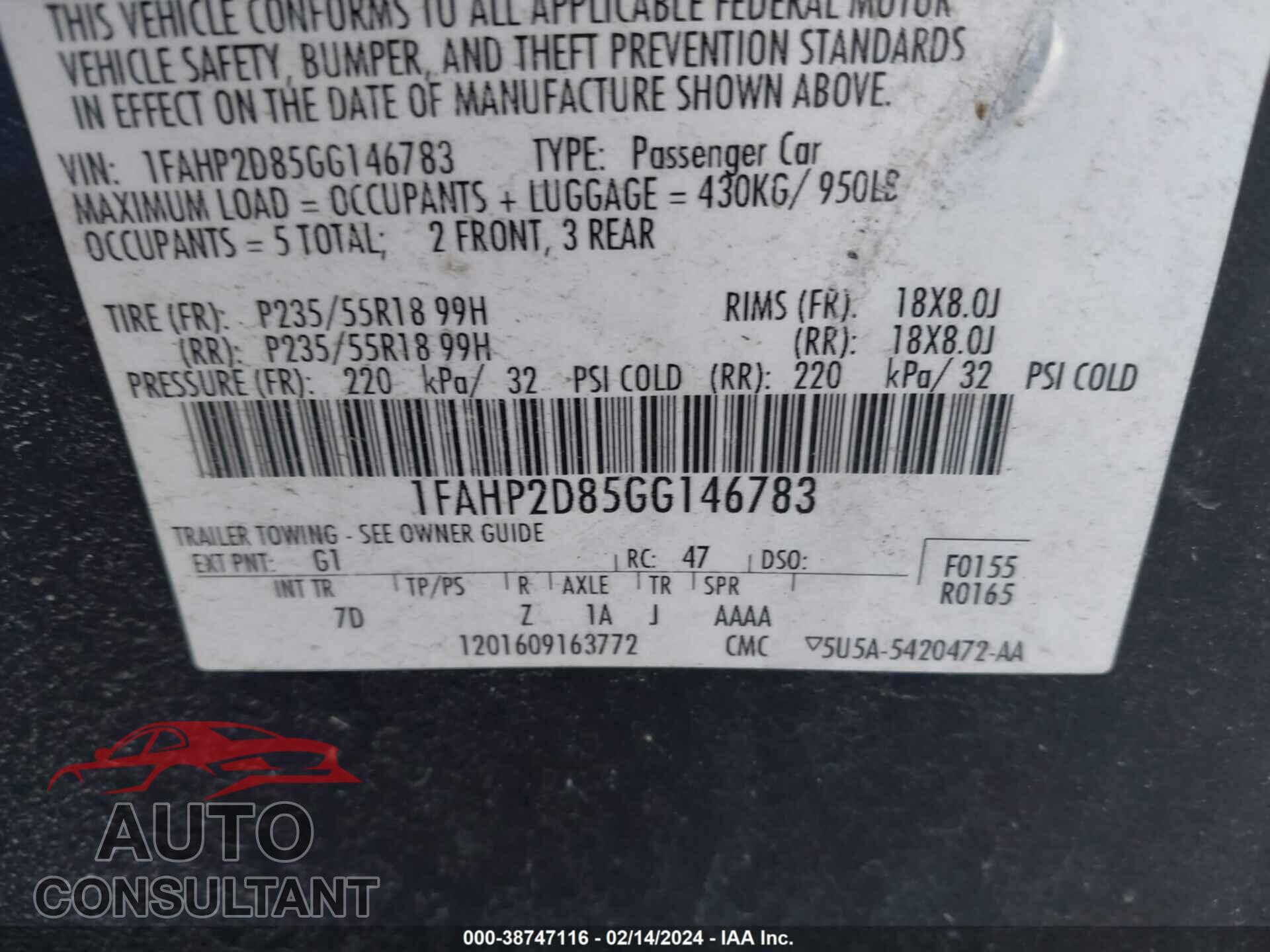 FORD TAURUS 2016 - 1FAHP2D85GG146783