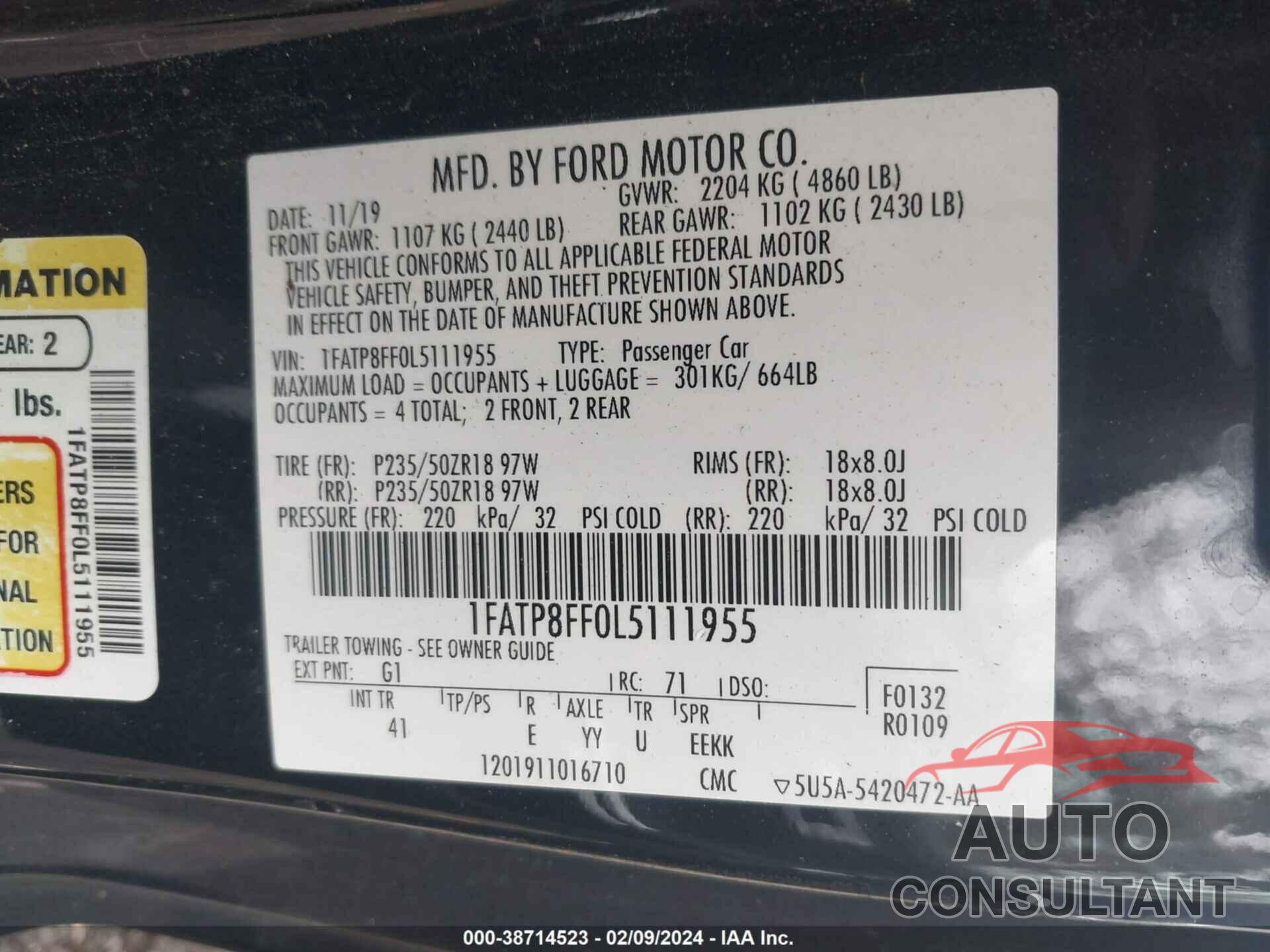 FORD MUSTANG 2020 - 1FATP8FF0L5111955