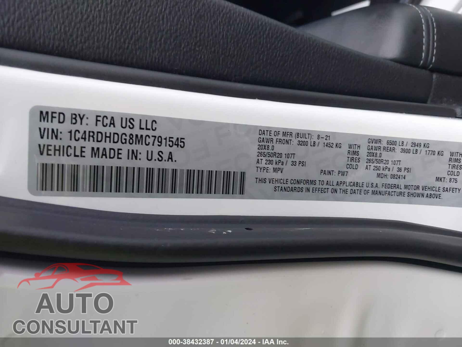 DODGE DURANGO 2021 - 1C4RDHDG8MC791545