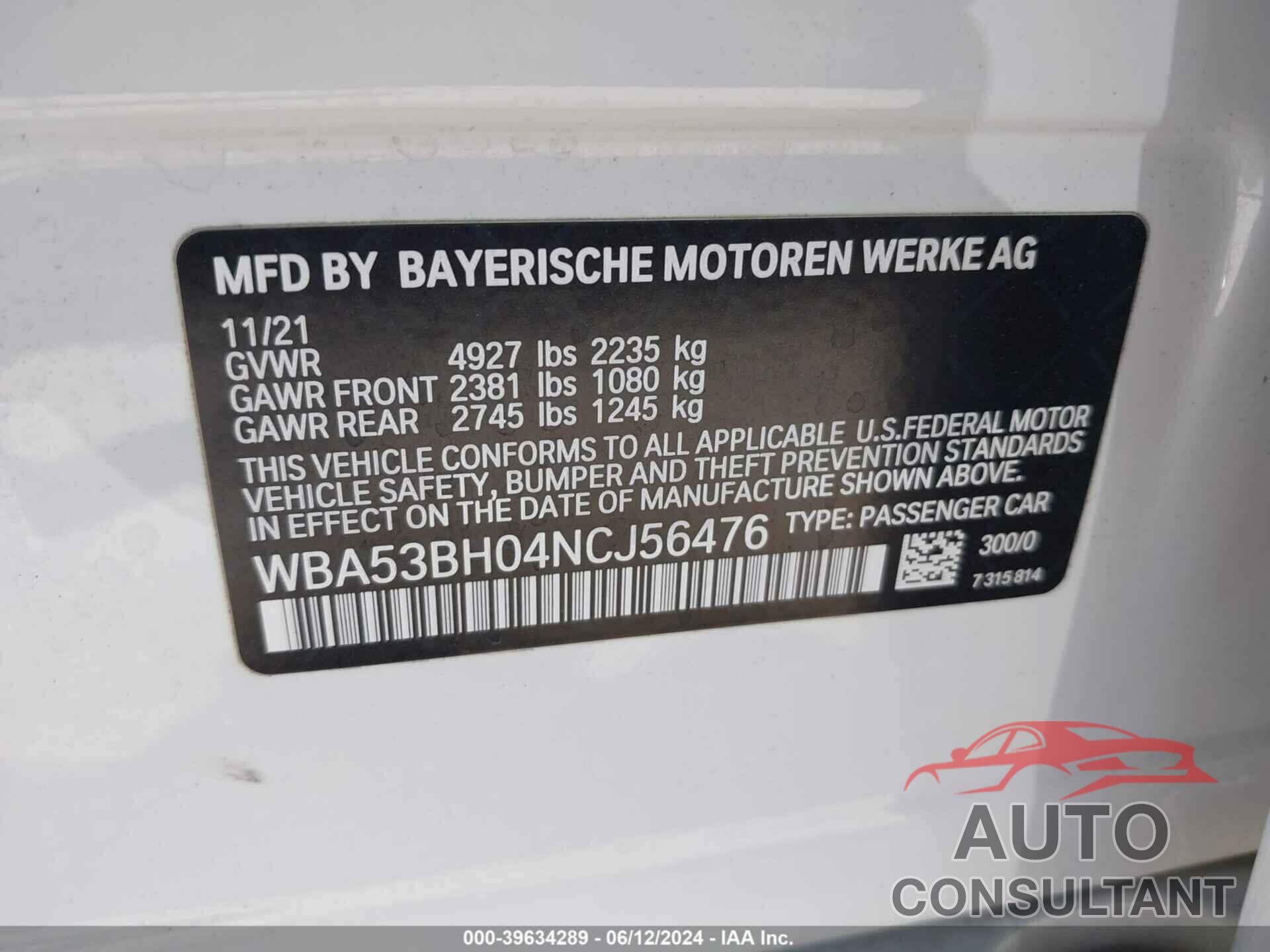 BMW 530 2022 - WBA53BH04NCJ56476