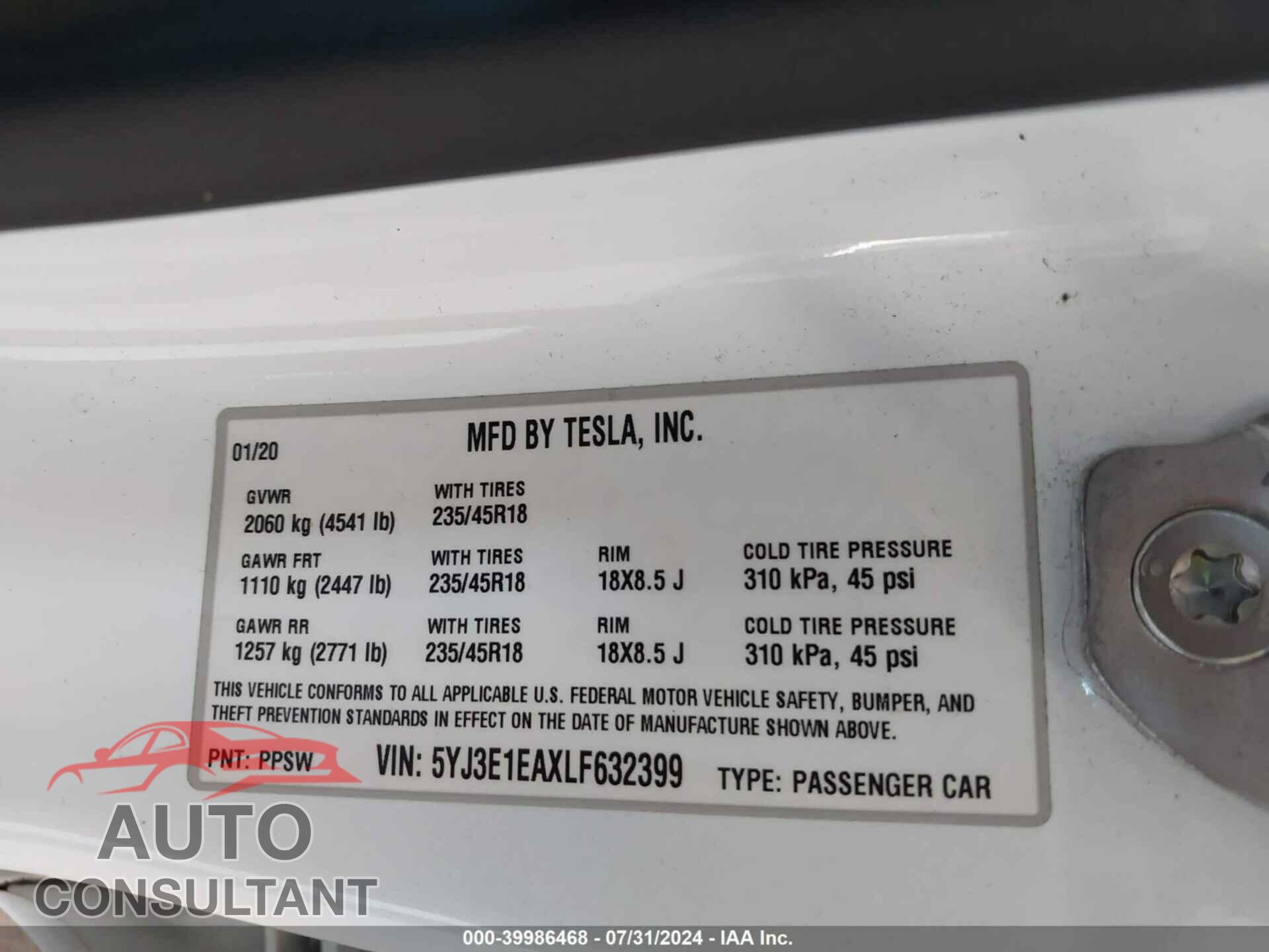 TESLA MODEL 3 2020 - 5YJ3E1EAXLF632399