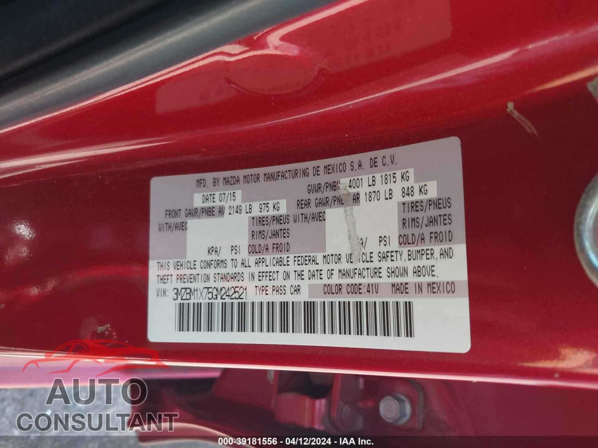 MAZDA MAZDA3 2016 - 3MZBM1X75GM242521