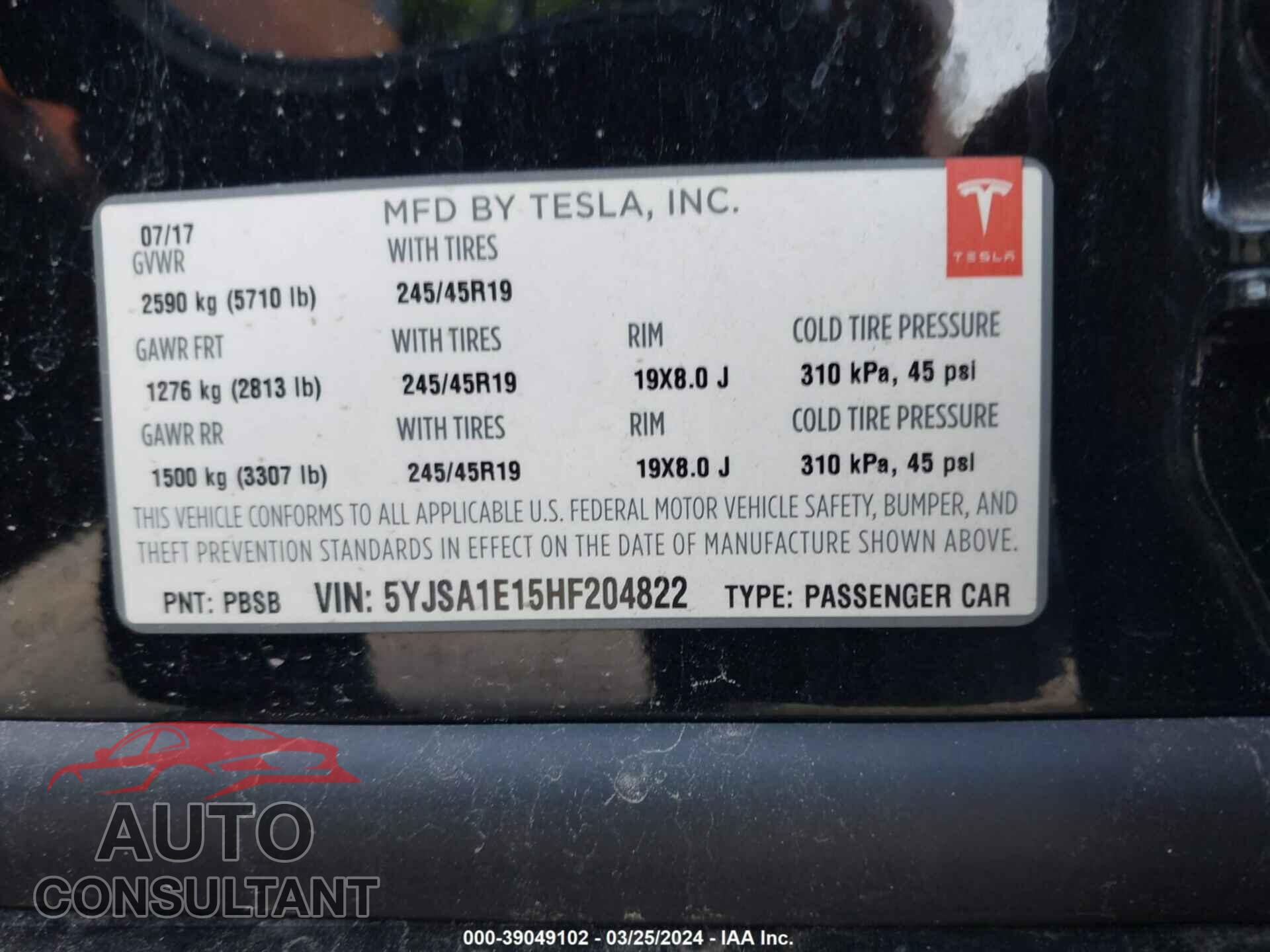 TESLA MODEL S 2017 - 5YJSA1E15HF204822