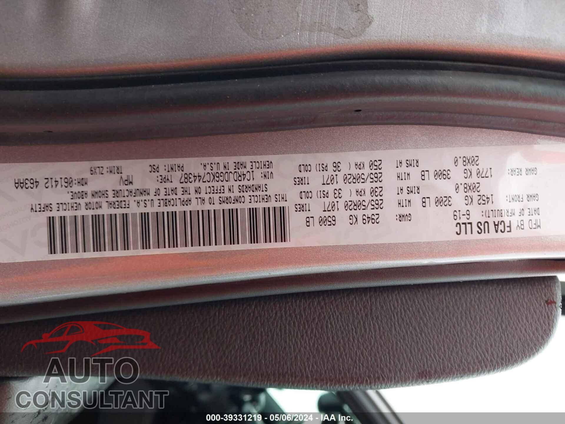 DODGE DURANGO 2019 - 1C4RDJDG6KC744387