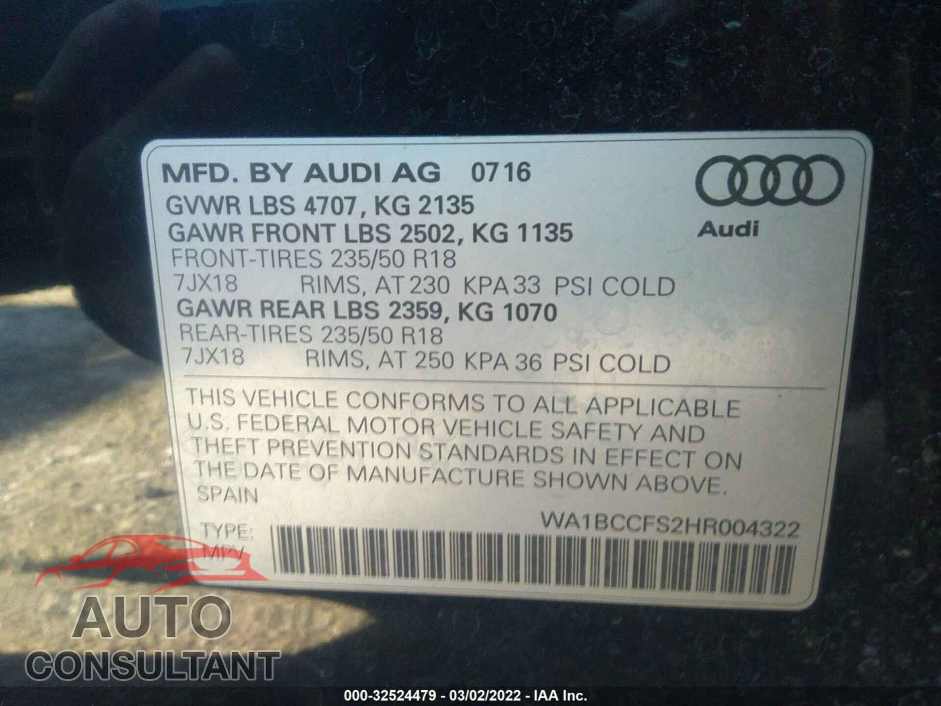 AUDI Q3 2017 - WA1BCCFS2HR004322