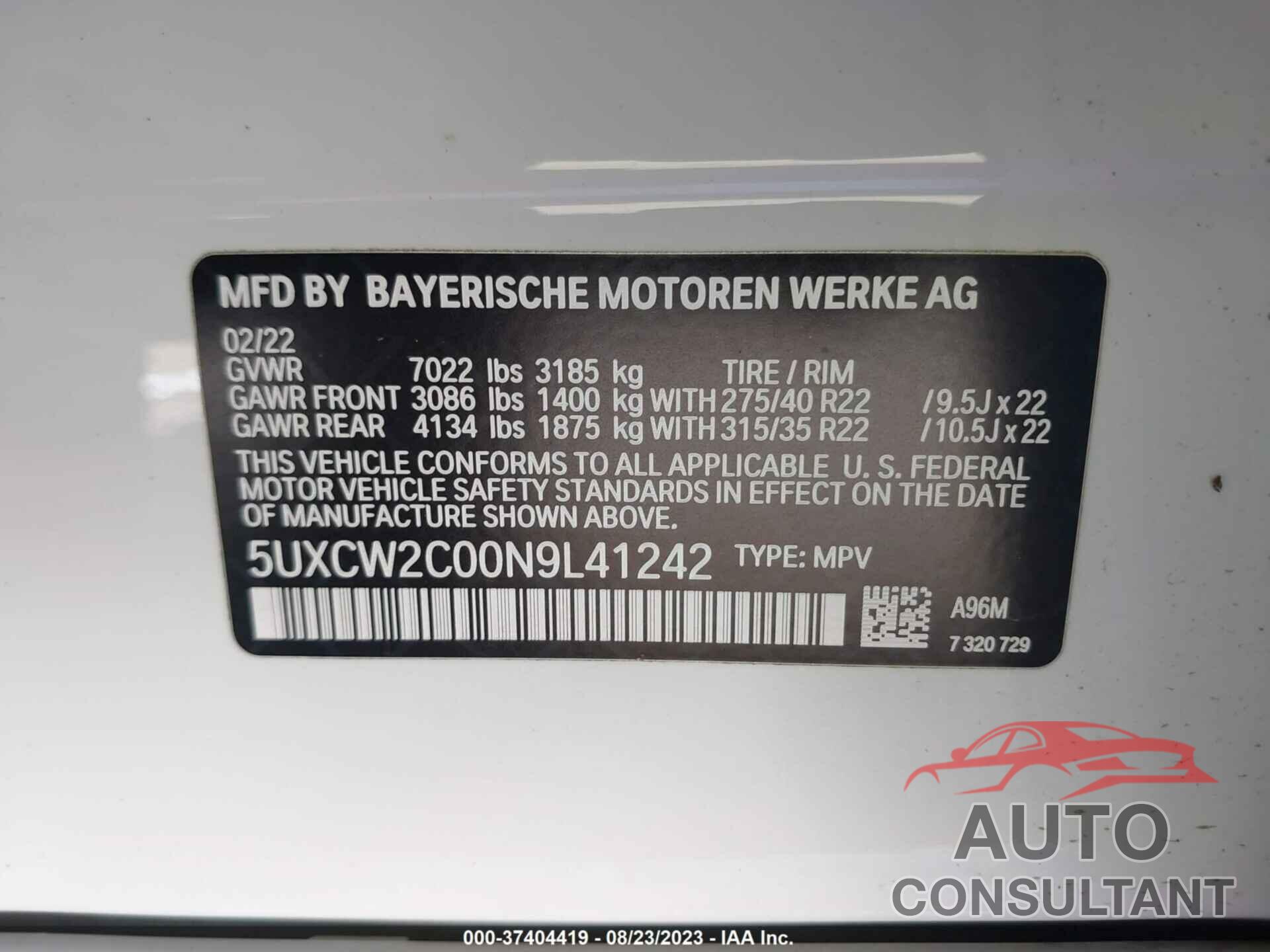 BMW X7 2022 - 5UXCW2C00N9L41242