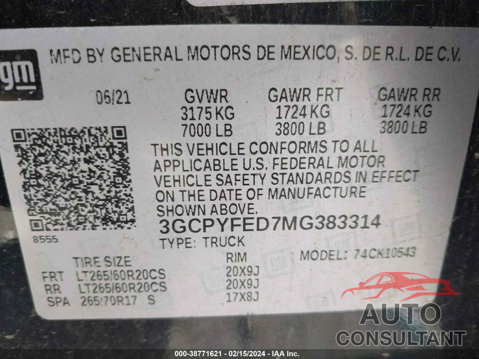 CHEVROLET SILVERADO 1500 2021 - 3GCPYFED7MG383314