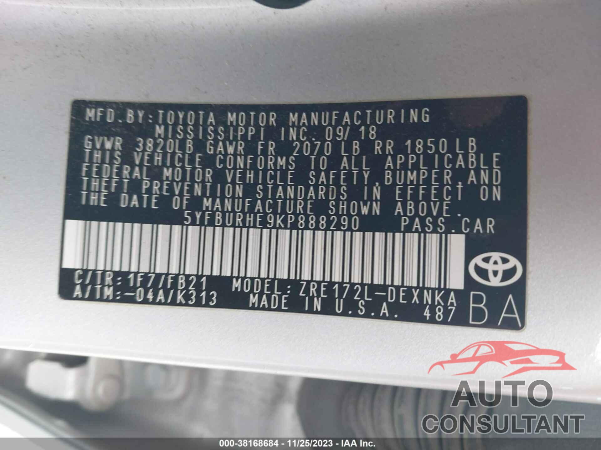 TOYOTA COROLLA 2019 - 5YFBURHE9KP888290