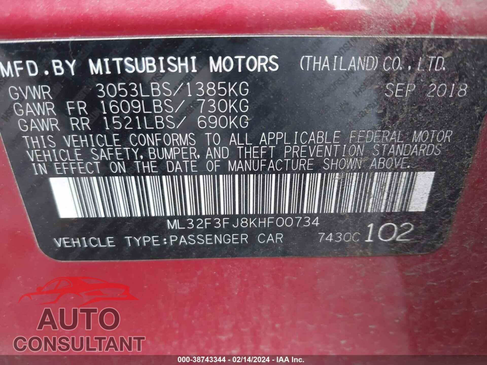 MITSUBISHI MIRAGE G4 2019 - ML32F3FJ8KHF00734