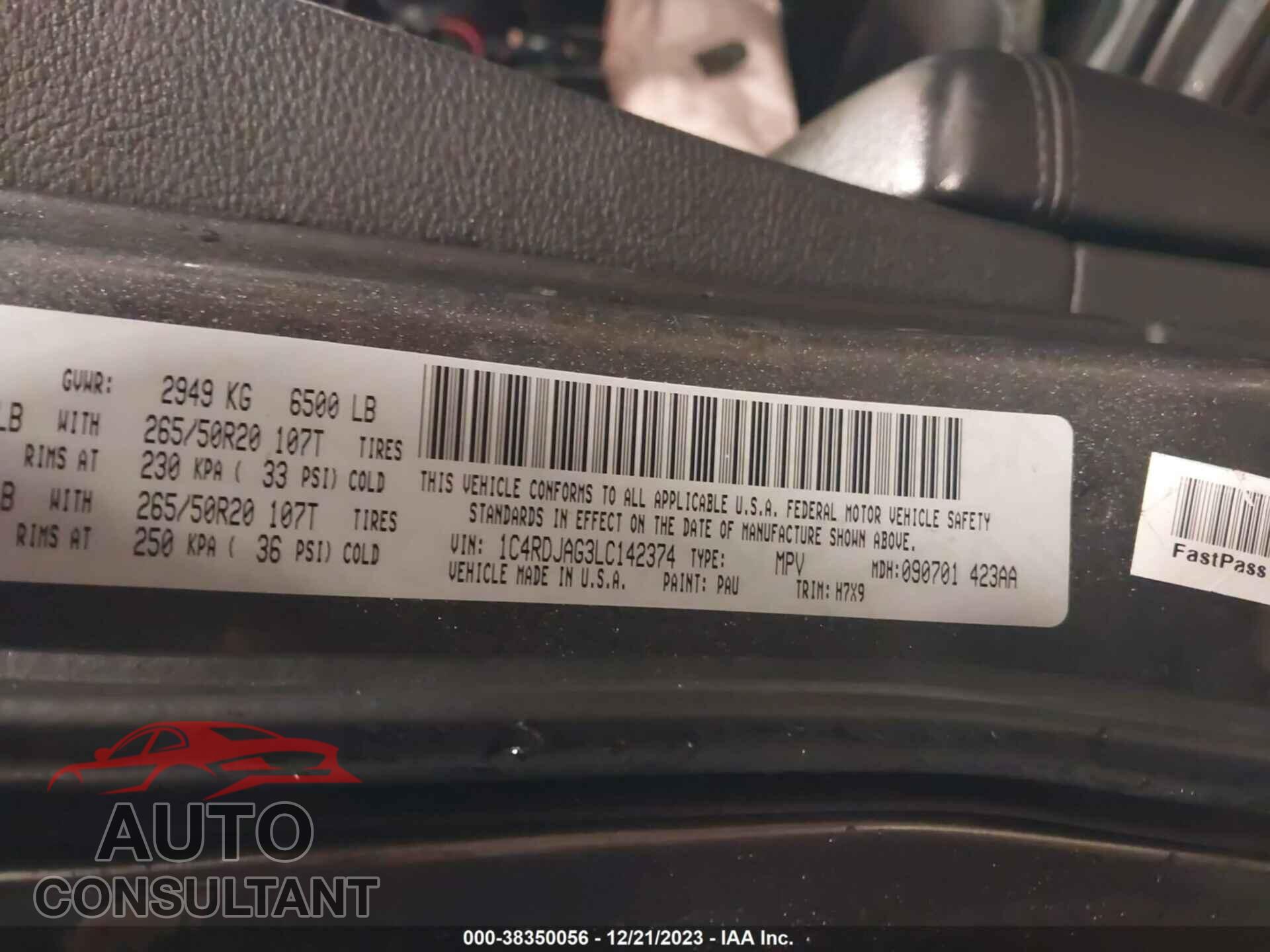 DODGE DURANGO 2020 - 1C4RDJAG3LC142374