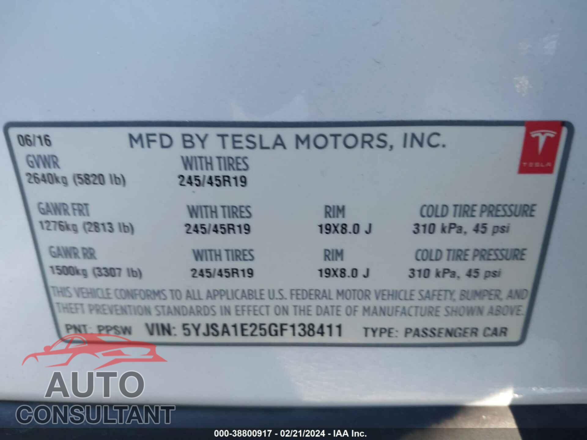 TESLA MODEL S 2016 - 5YJSA1E25GF138411