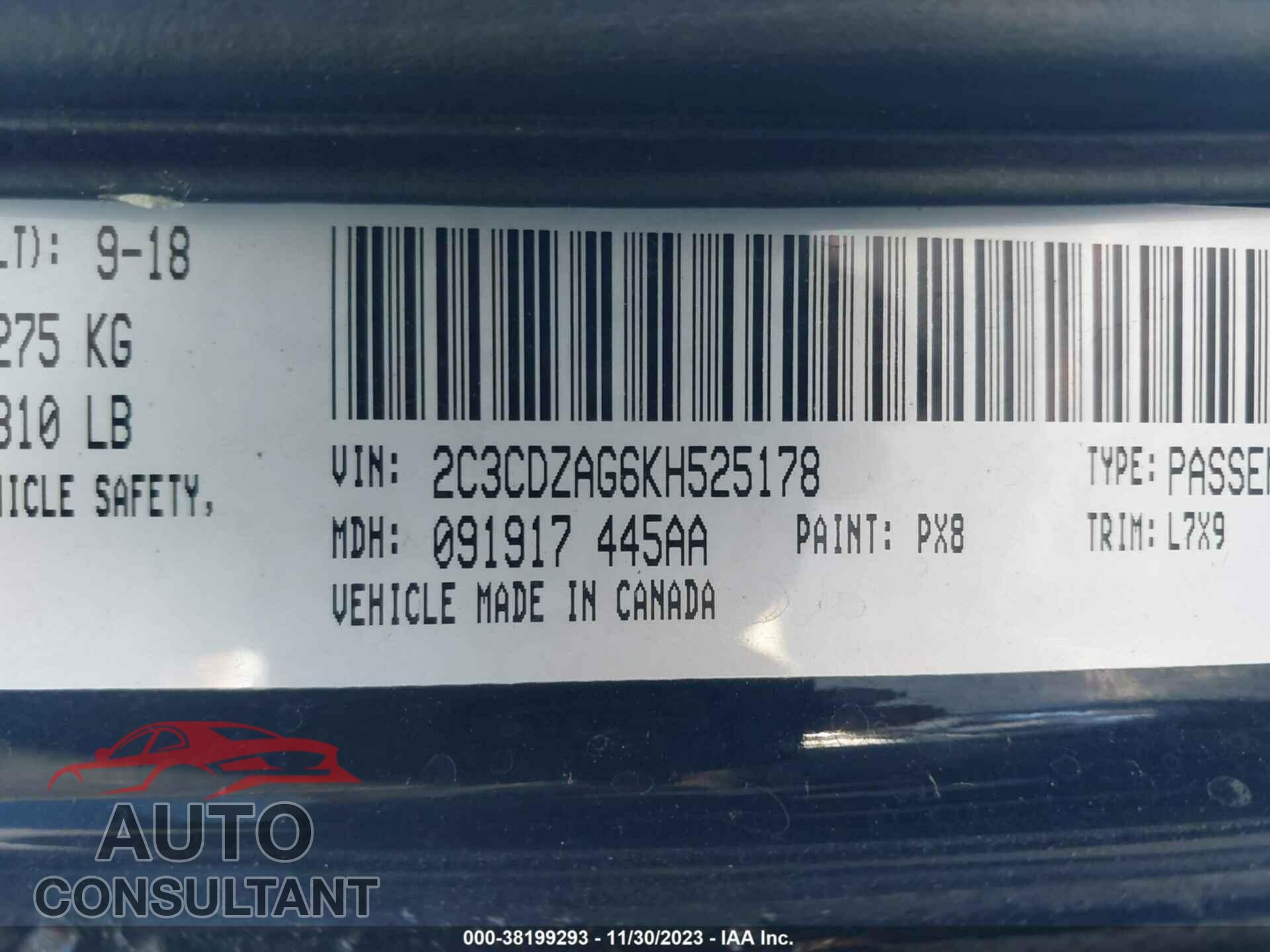 DODGE CHALLENGER 2019 - 2C3CDZAG6KH525178