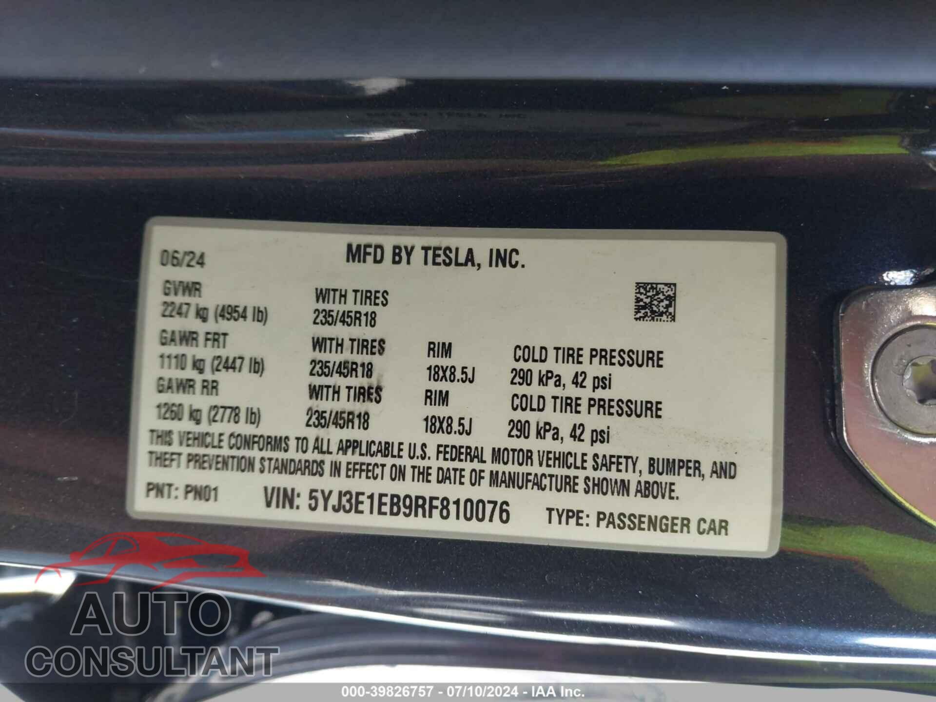 TESLA MODEL 3 2024 - 5YJ3E1EB9RF810076