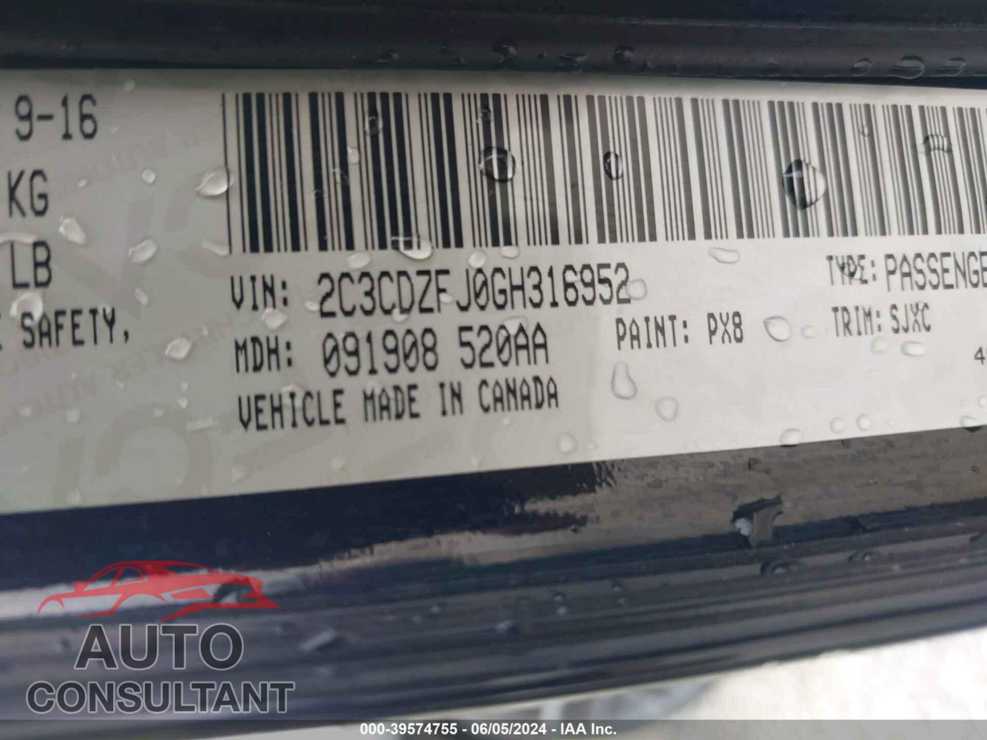 DODGE CHALLENGER 2016 - 2C3CDZFJ0GH316952