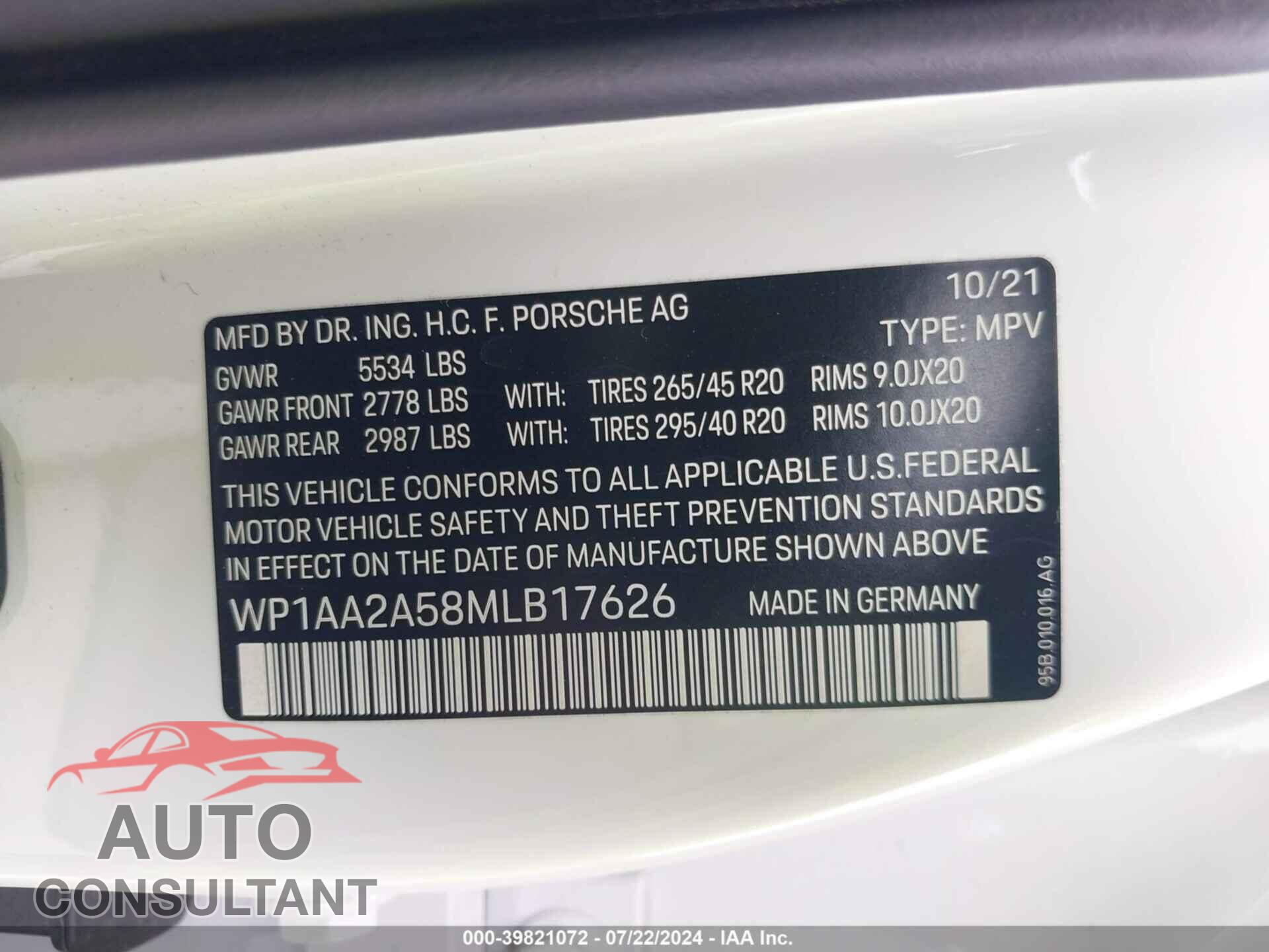 PORSCHE MACAN 2021 - WP1AA2A58MLB17626