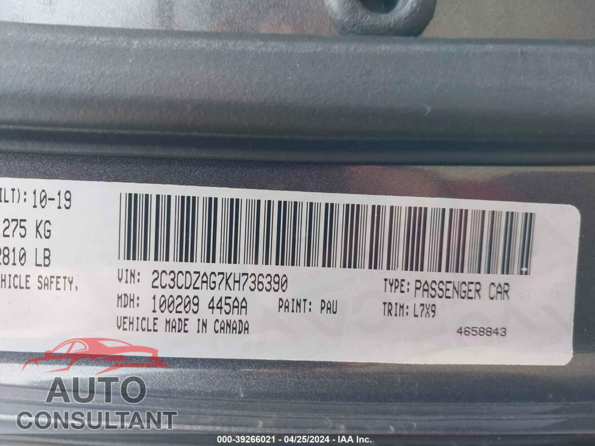 DODGE CHALLENGER 2019 - 2C3CDZAG7KH736390