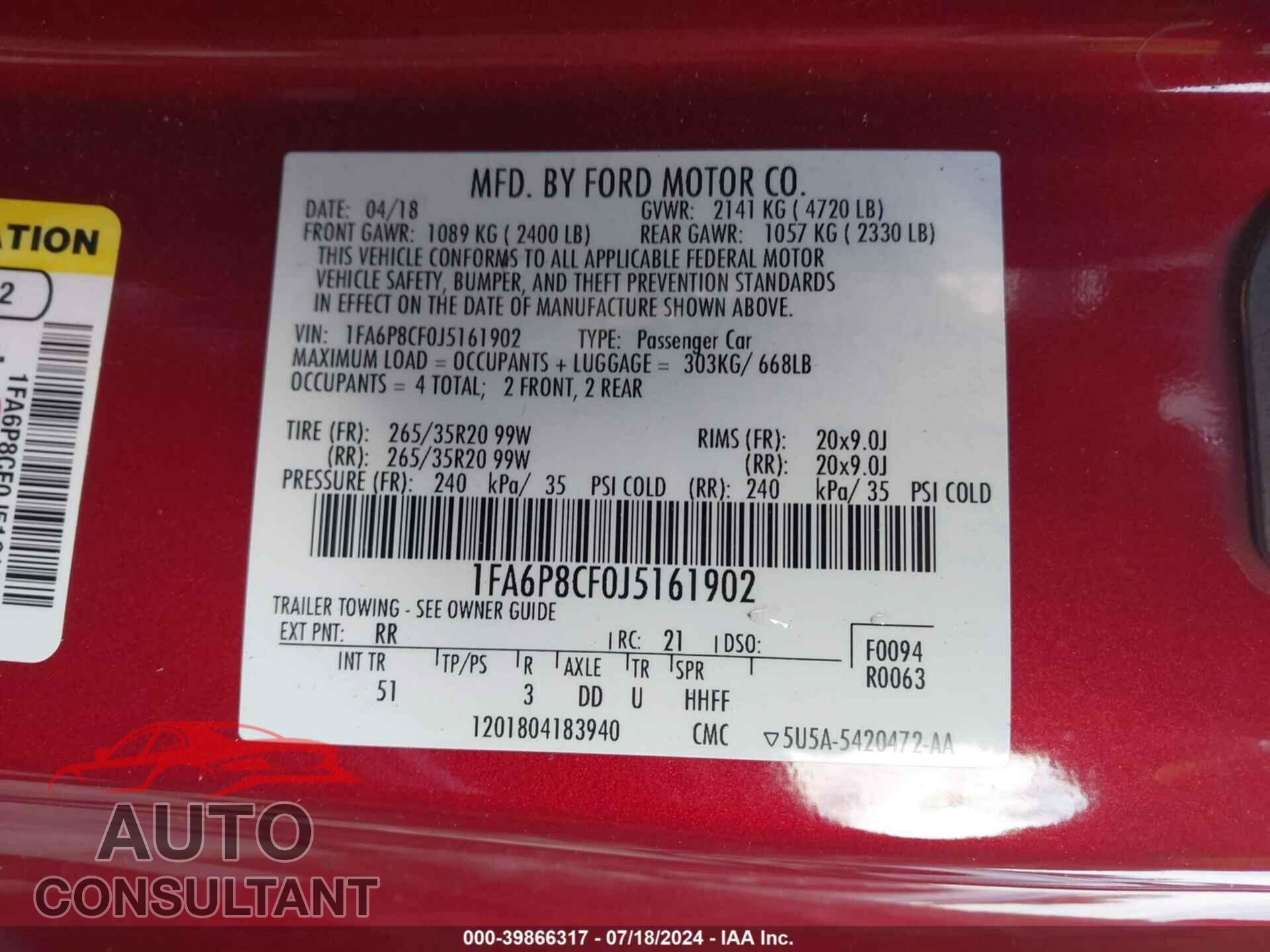 FORD MUSTANG 2018 - 1FA6P8CF0J5161902