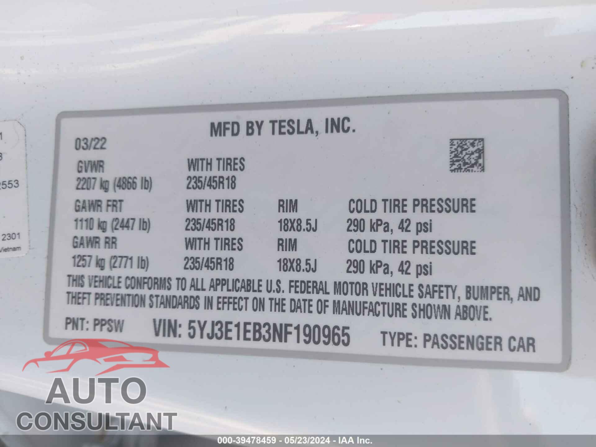 TESLA MODEL 3 2022 - 5YJ3E1EB3NF190965