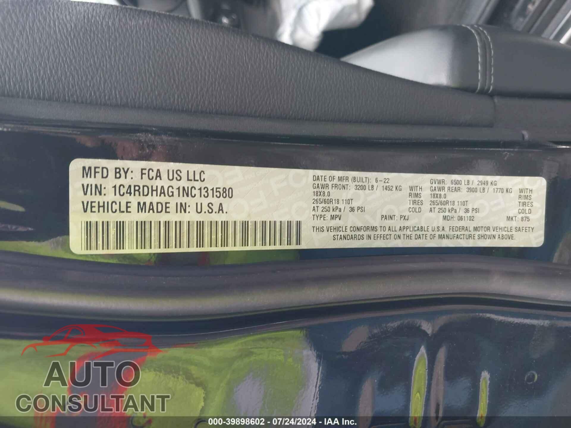 DODGE DURANGO 2022 - 1C4RDHAG1NC131580