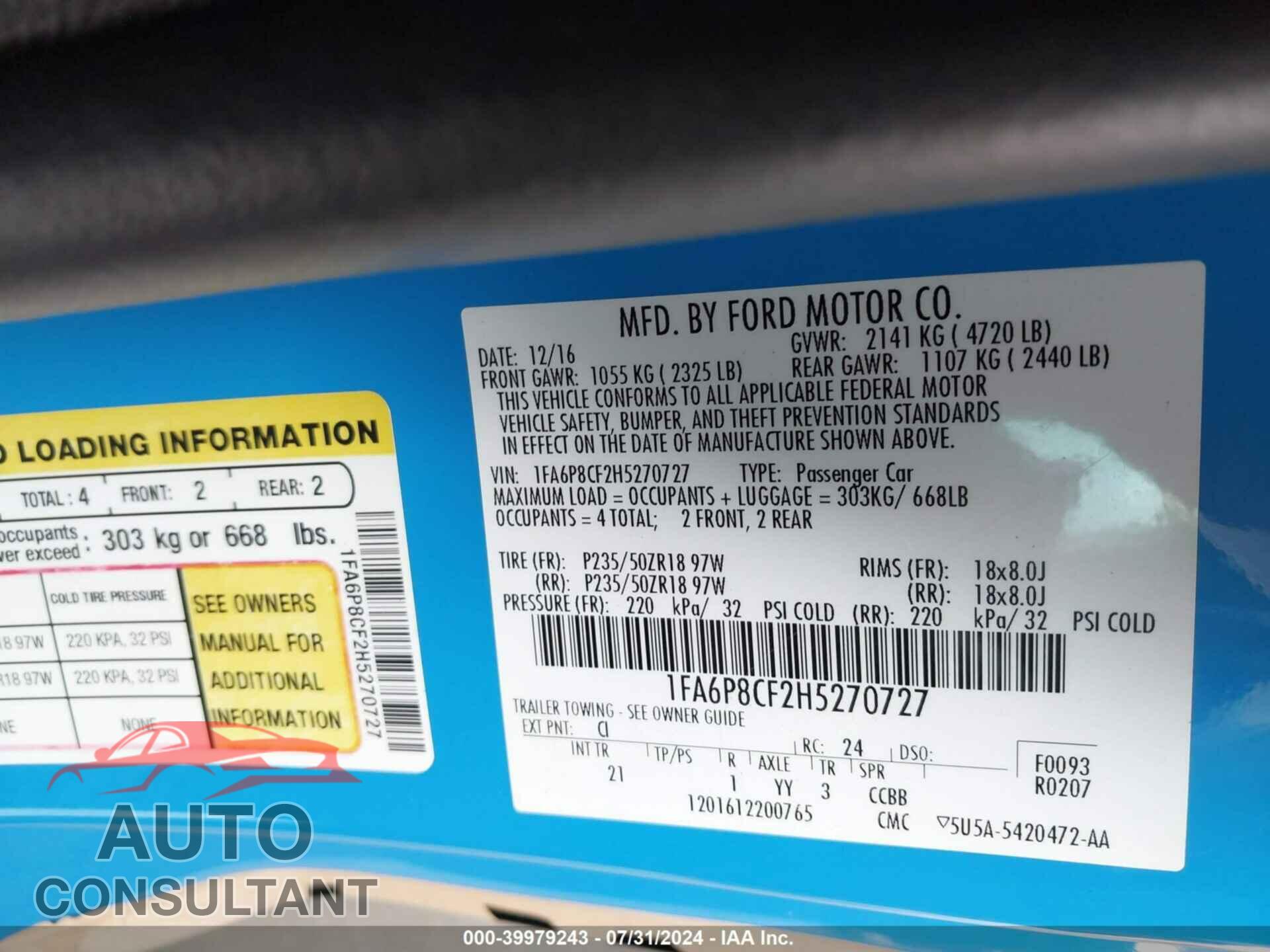 FORD MUSTANG 2017 - 1FA6P8CF2H5270727
